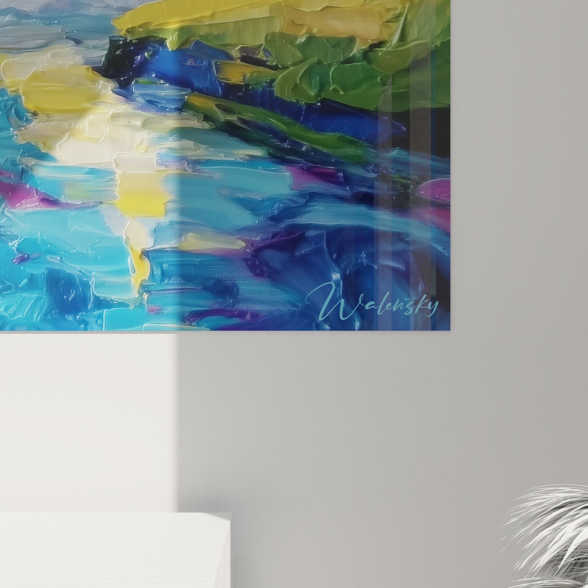 Vue ensemble tableau mural cascade, peinture abstraite chute d'eau colorée déco moderne