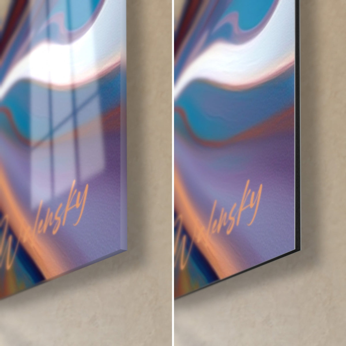 Gemälde flüssiges Fresko in Bernstein und Nachtblau, untere rechte Ecke: glänzendes Acrylglas links, matt Dibond rechts, 3 mm Kante
