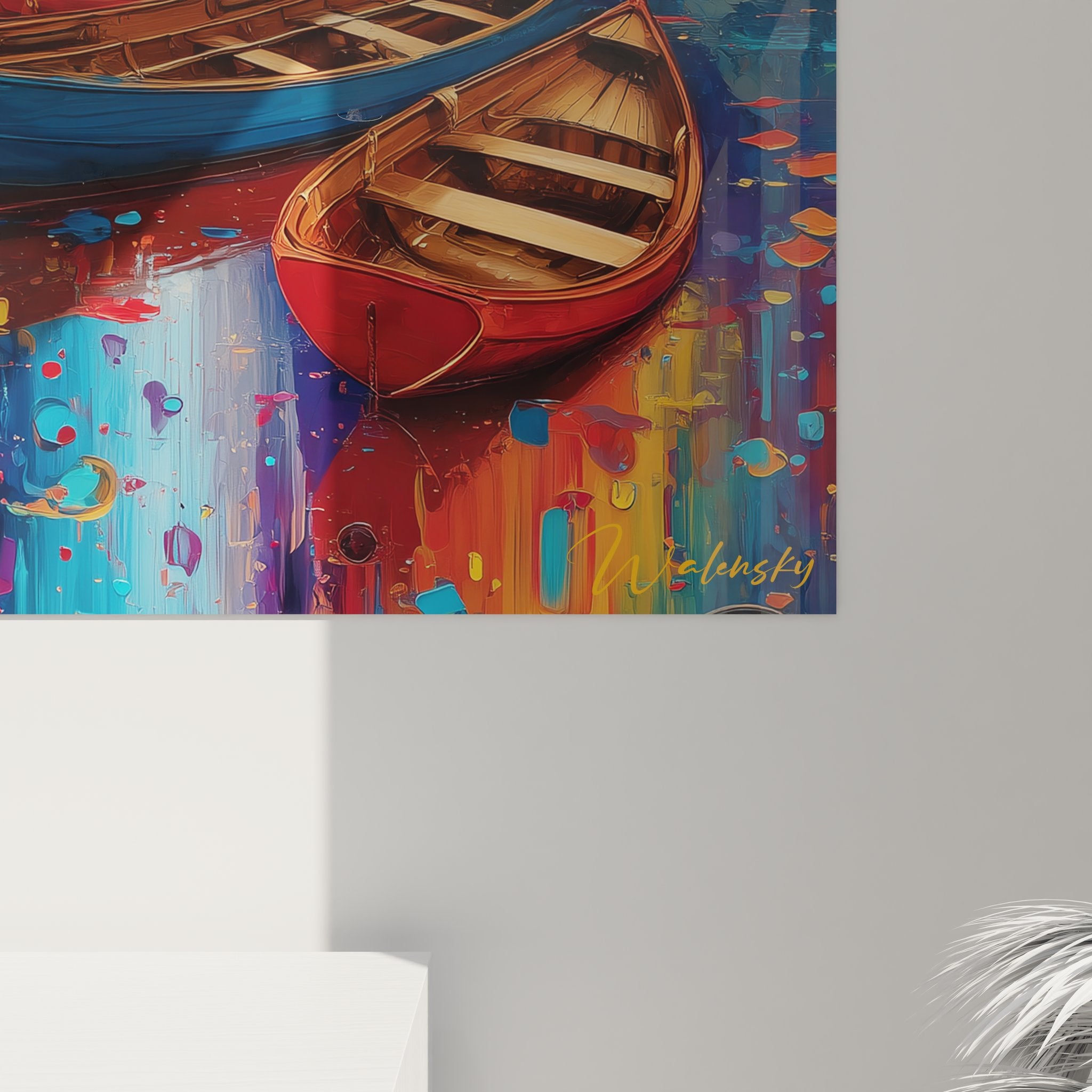 Vue ensemble tableau mural cascade automnale grand format avec chute eau et végétation flamboyante