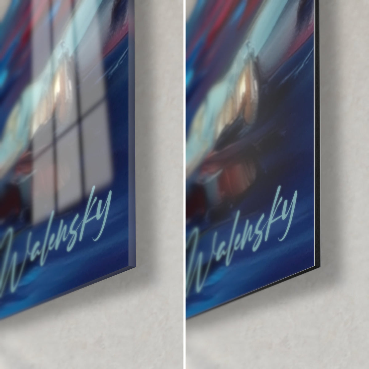 Wall art foaming torrent in cobalt blue and crimson, bottom right corner in glossy glass reflecting the window and matte Dibond