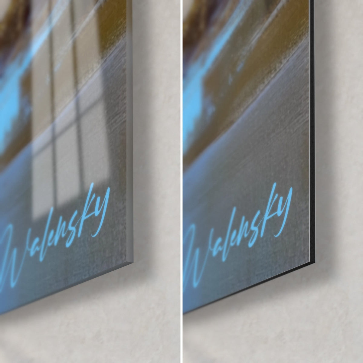 Wall art purple and blue torrent, bottom right corner in glossy glass and matte Dibond, 3 mm edge and turquoise signature