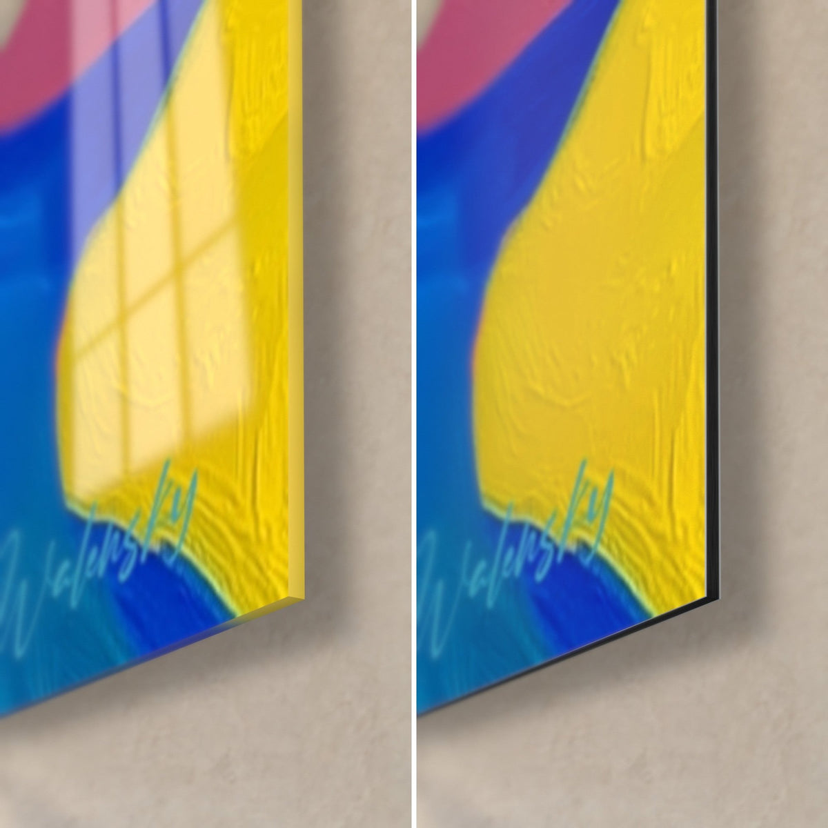 Tableau cascade peinte, coin bas droit jaune citron et bleu roi, verre brillant à gauche, Dibond mat à droite