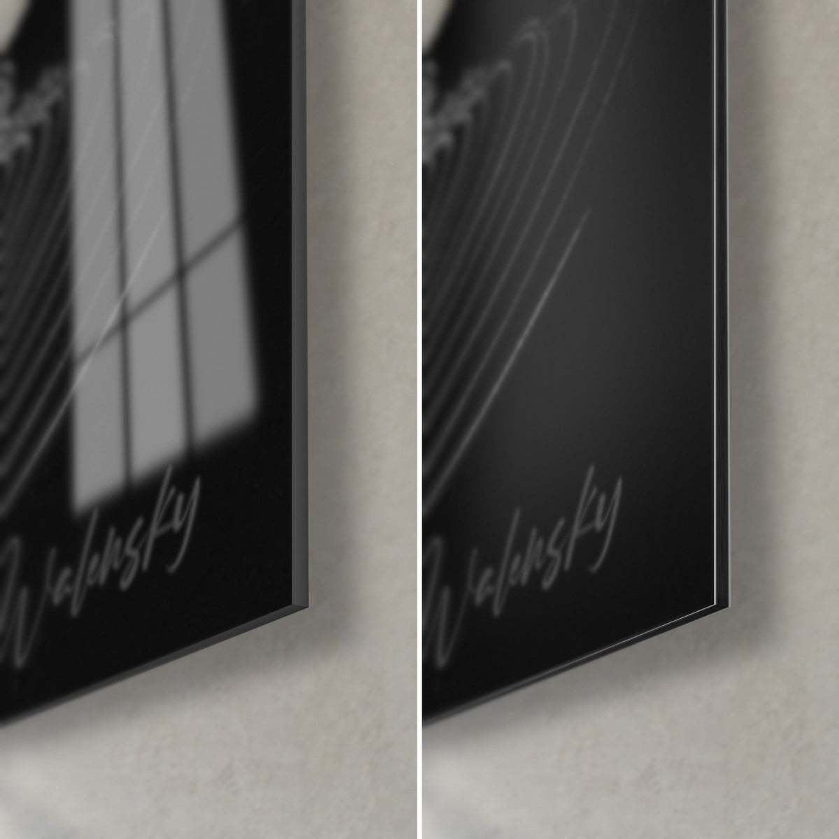 Tableau cascade blanche sur noir profond, coin bas droit : verre acrylique brillant à gauche, alu Dibond mat à droite, tranche de 3 mm