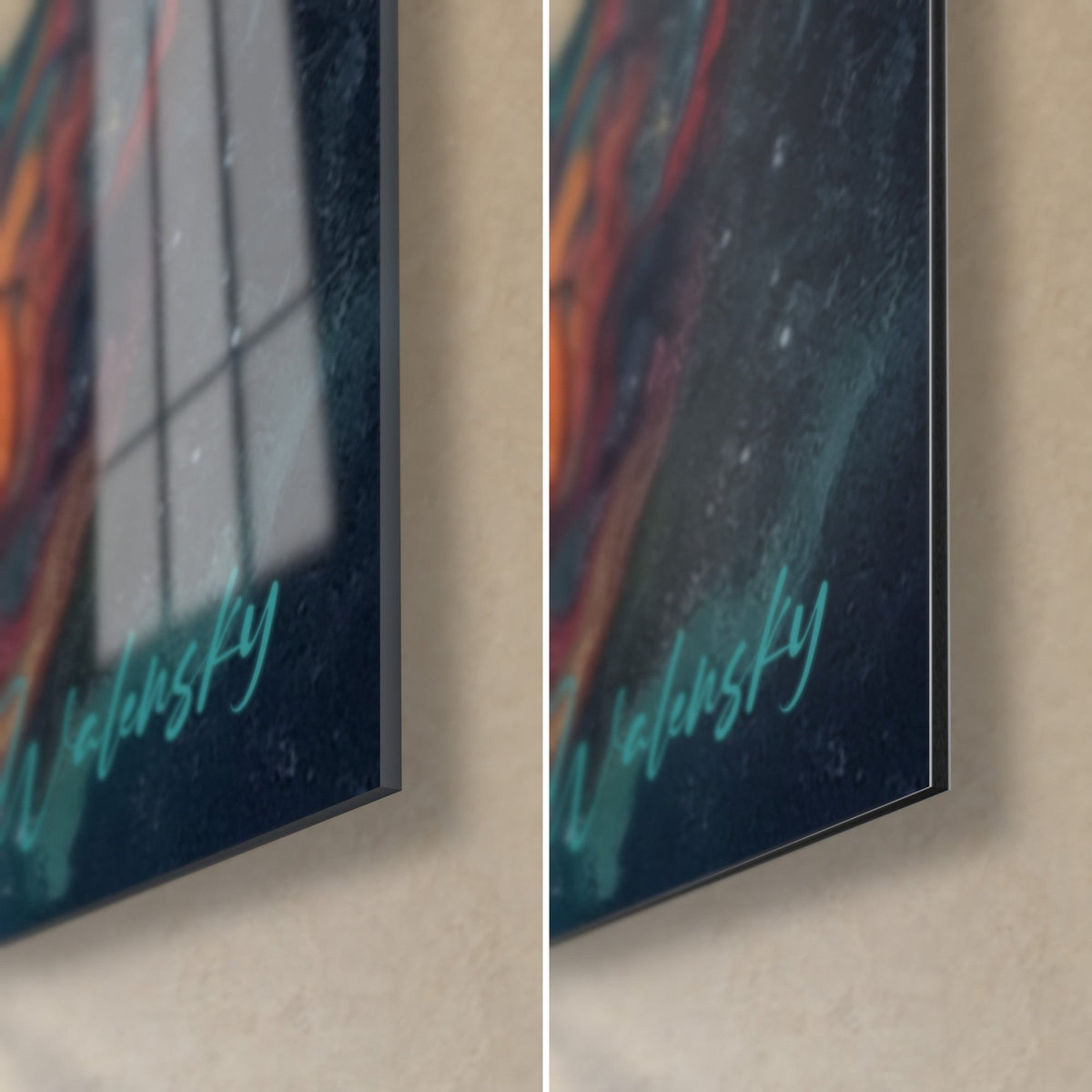 Schilderij kosmische waterval, rechteronderhoek met turquoise, rode en gouden wervelingen, Walensky-handtekening, glanzend glas links en mat Dibond rechts