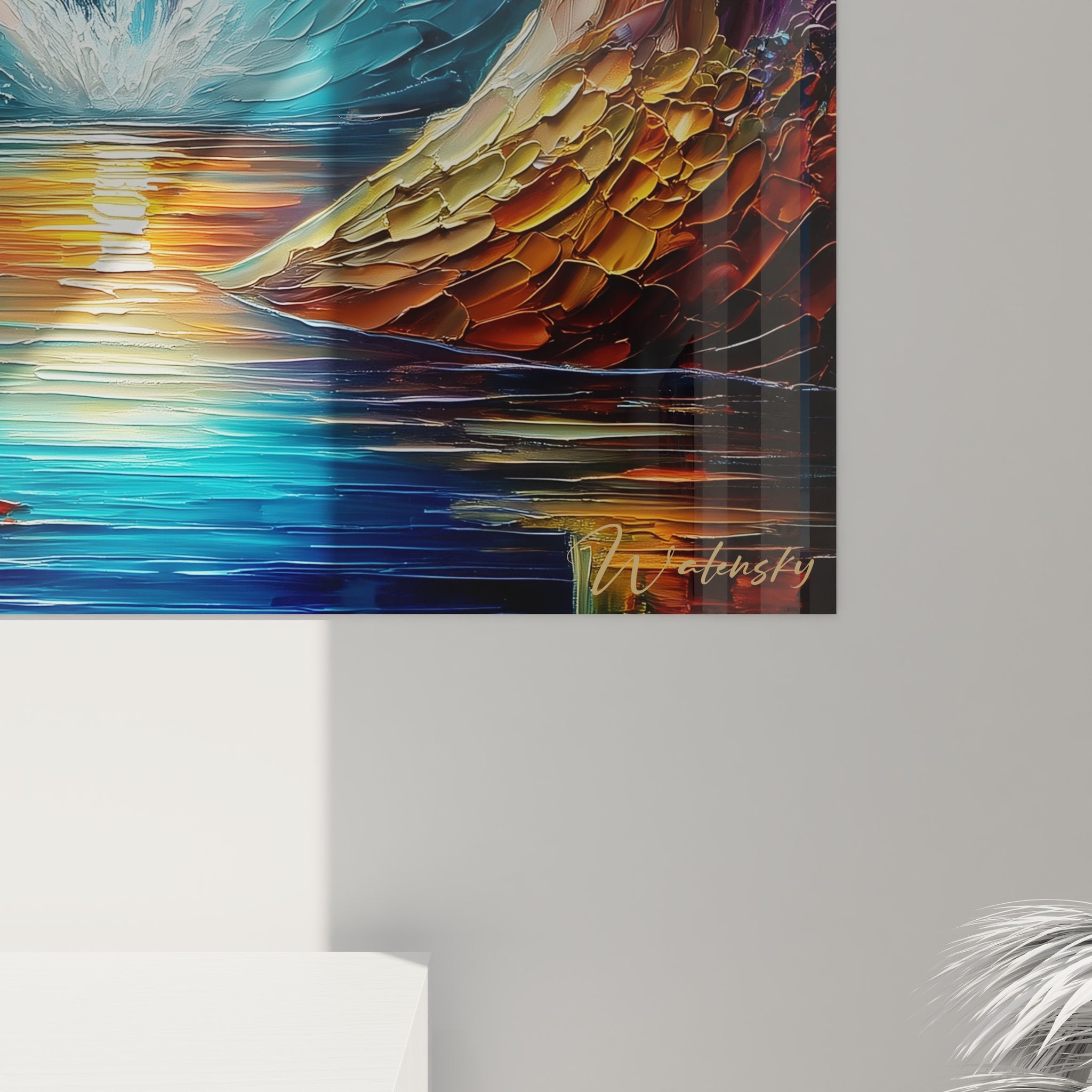Vue ensemble tableau mural cascade fantasy avec falaises oranges et eau turquoise