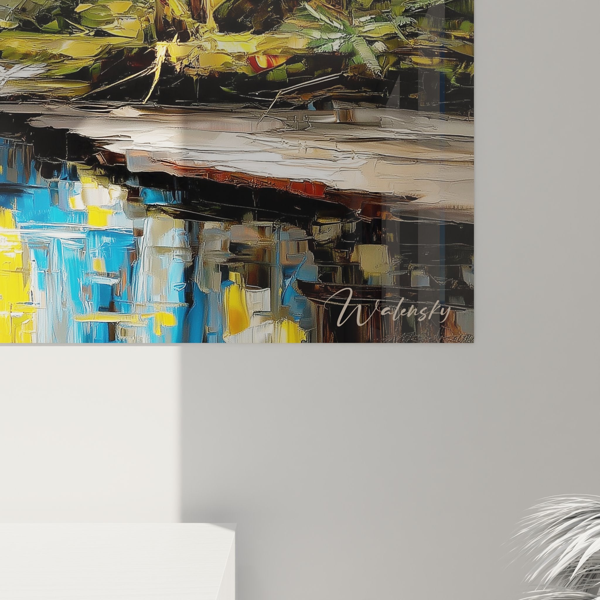 Vue ensemble tableau mural forêt cascade, œuvre d'art nature pour décoration intérieure moderne