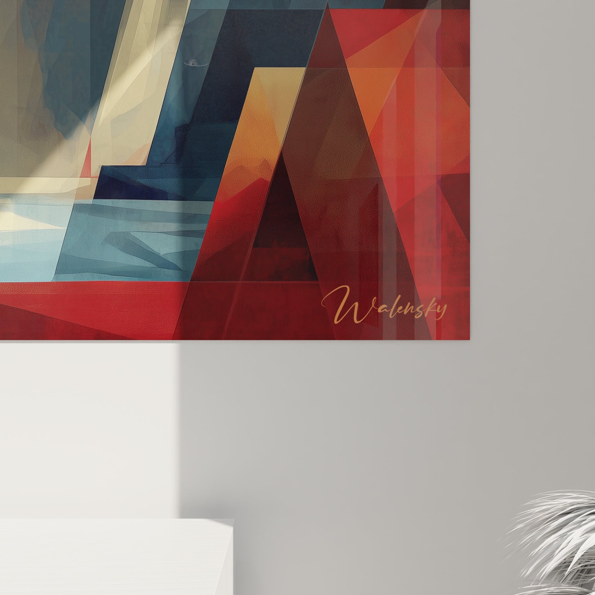 Vue ensemble tableau mural cascade géométrique décoration intérieure style moderne