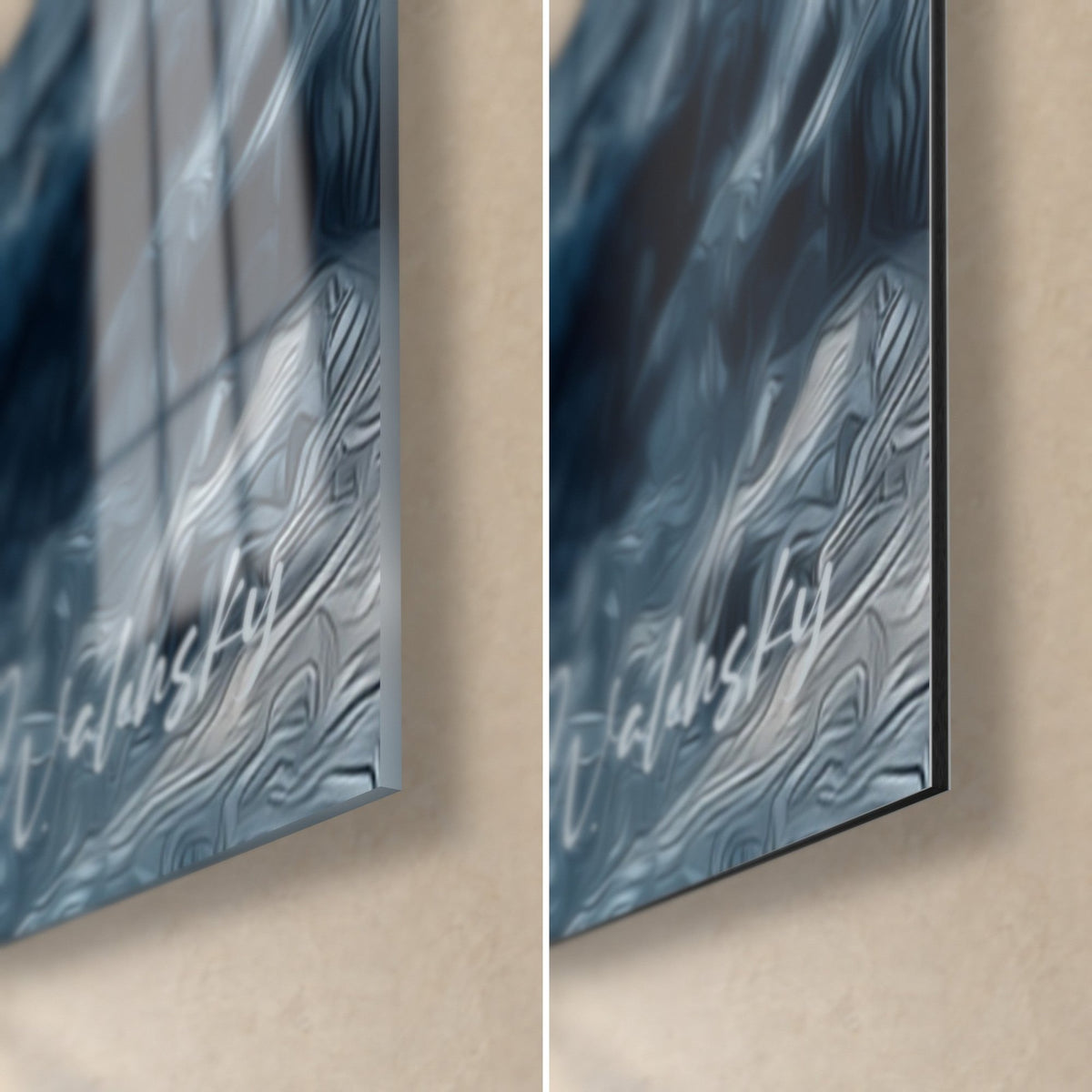 Schilderij schuimende waterval in wit en leisteenblauw, rechteronderhoek: glanzend acrylglas links, mat Dibond rechts, 3 mm rand