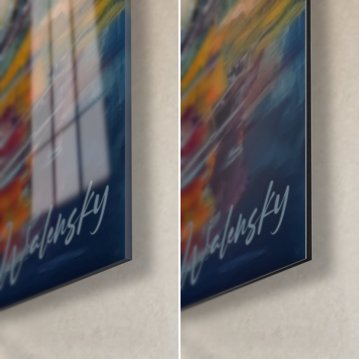 Schilderij van een bergwaterval, rechterbenedenhoek: glanzend glas met raamreflecties, mat Dibond, Walensky-signatuur in nachtblauw