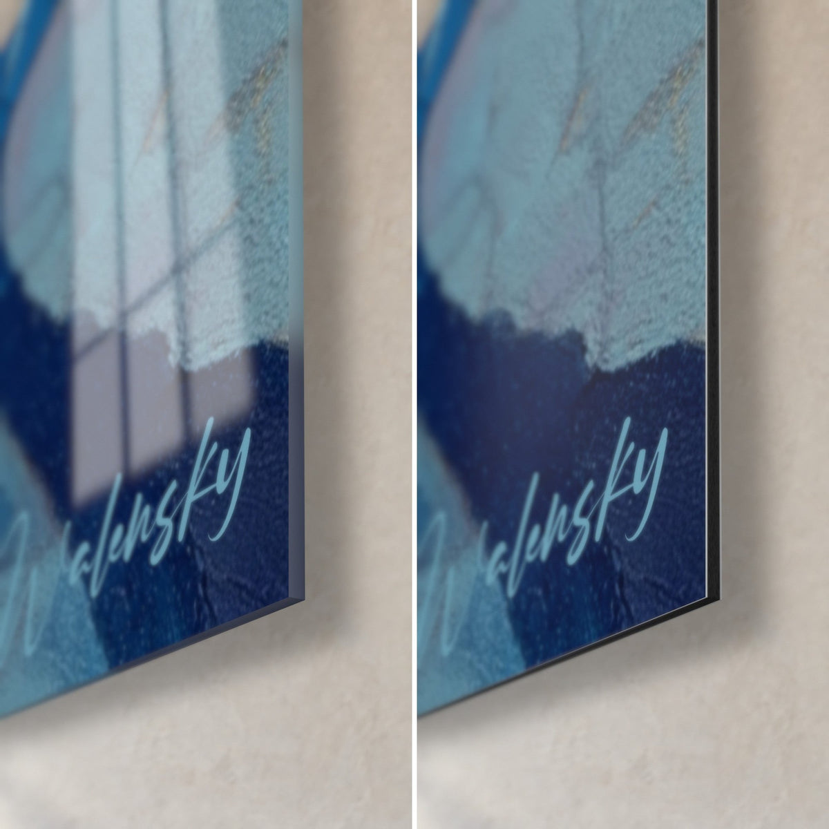 Tableau paysage de chutes en bleu marine, coin bas droit, verre acrylique brillant à gauche, alu Dibond mat à droite, tranche de 3 mm