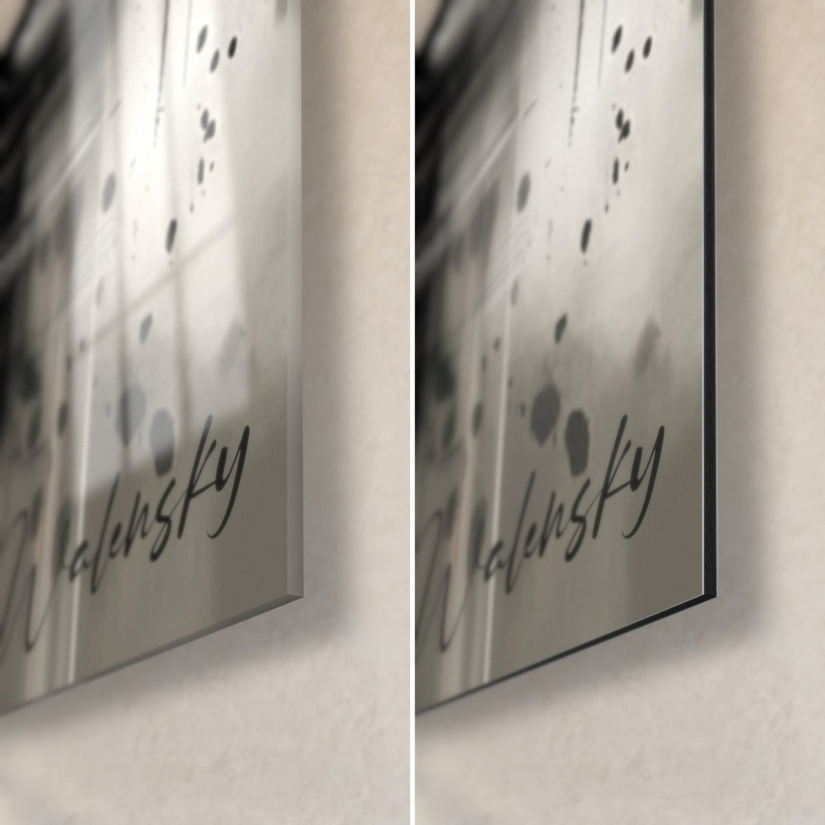 Wall art Waterfall in black ink and turquoise drops, bottom right corner, glossy acrylic glass on the left, matte Dibond on the right, 3 mm thickness