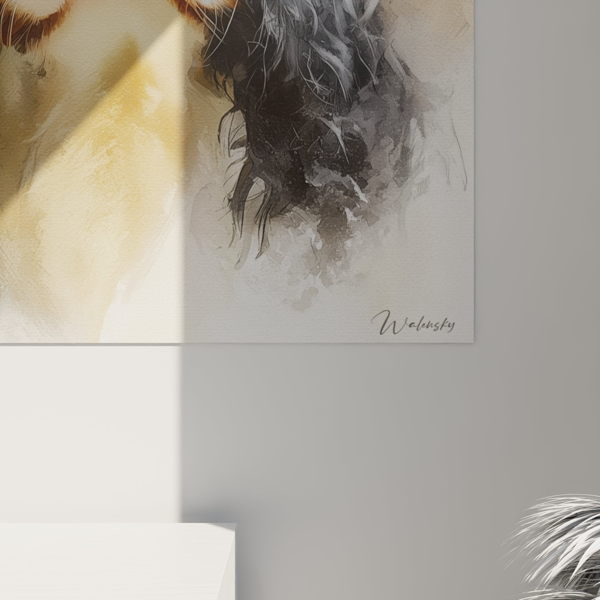 Vue d'ensemble tableau mural Cavalier King Charles aquarelle tons chauds décoration intérieure