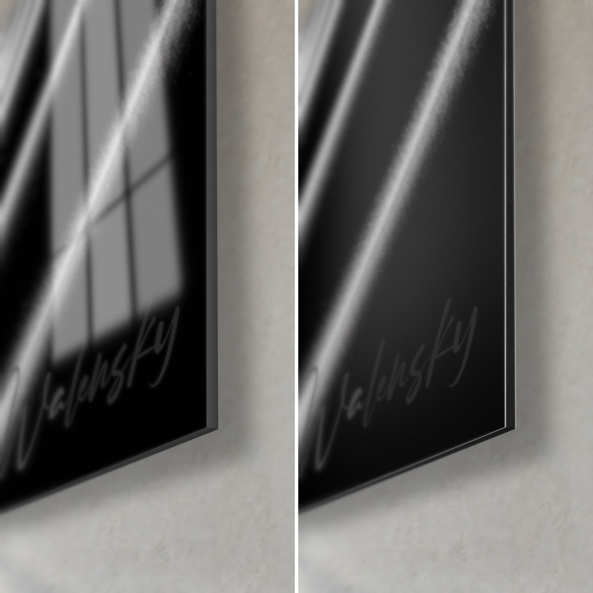 Cuadro de una travesía nocturna en camello en blanco y negro, esquina inferior derecha: vidrio acrílico brillante con reflejos, Dibond de aluminio gris mate, canto fino