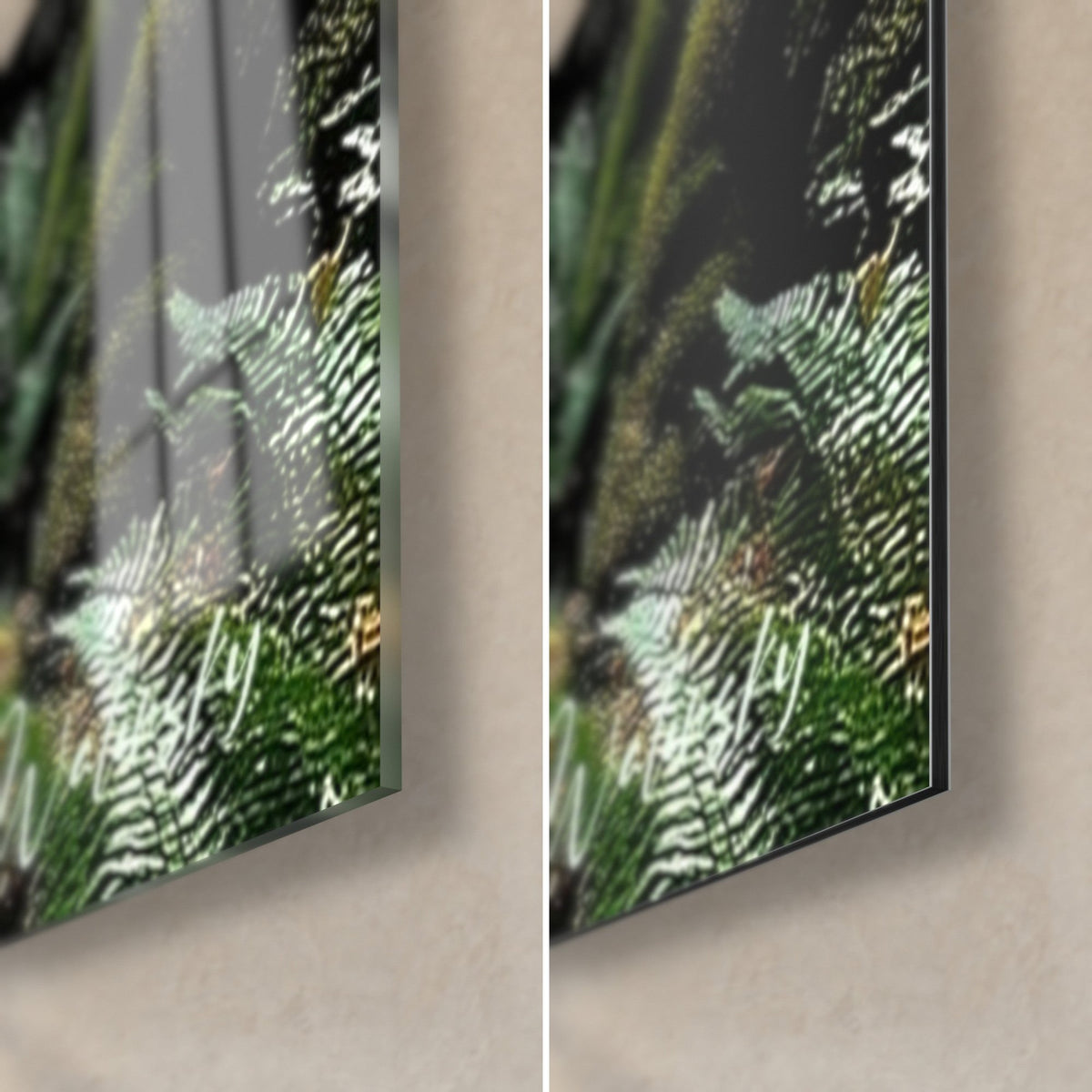 Gemälde grüner Farn im Gegenlicht, untere rechte Ecke aus glänzendem Acrylglas mit Reflexen, rechts mattschwarzes Alu-Dibond, 3 mm Kante