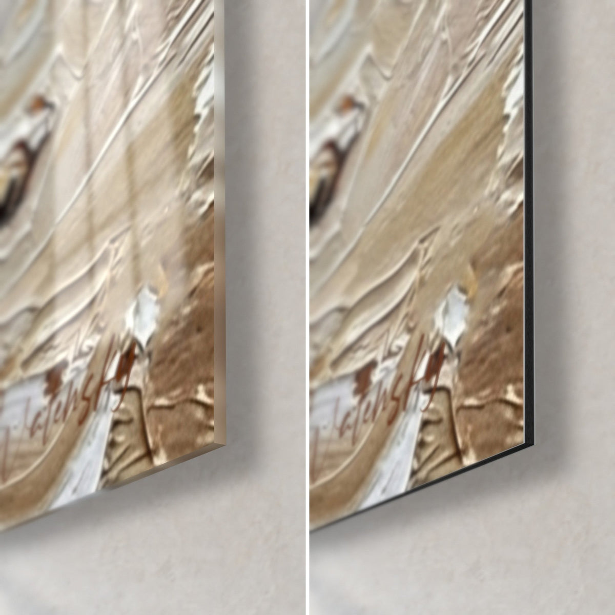Tableau chien lancé à vive allure, coin bas droit : verre acrylique brillant à gauche, Dibond mat à droite, tranche noire de 3 mm