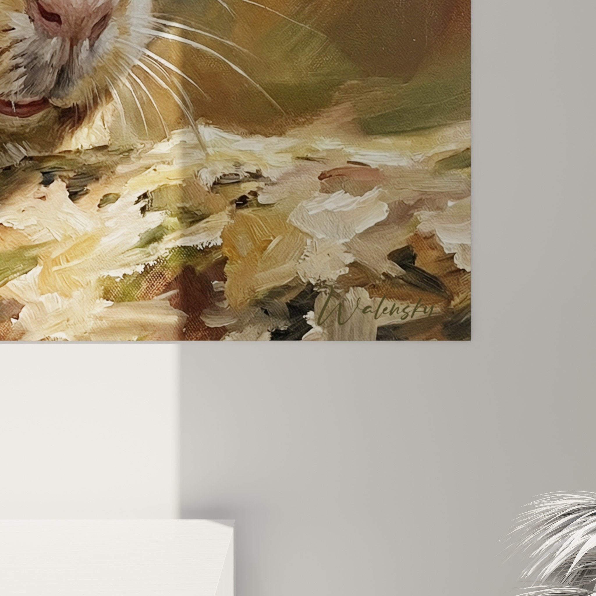 Gesamtansicht Wandbild Meerschweinchen Wanddekoration Wohnzimmer natürlicher Stil Beige- und Karamellton Gold