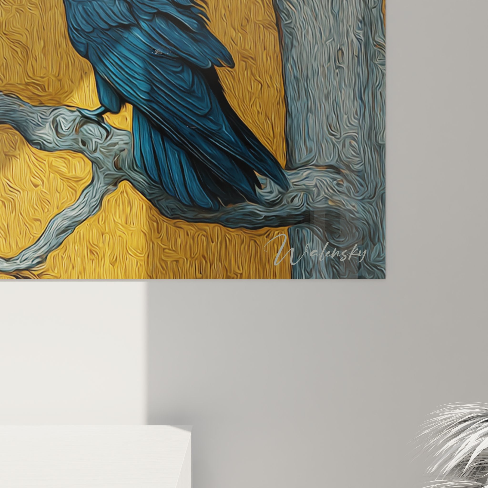 Vue ensemble tableau mural corbeau - composition complète fenêtre bleue et corbeaux perchés