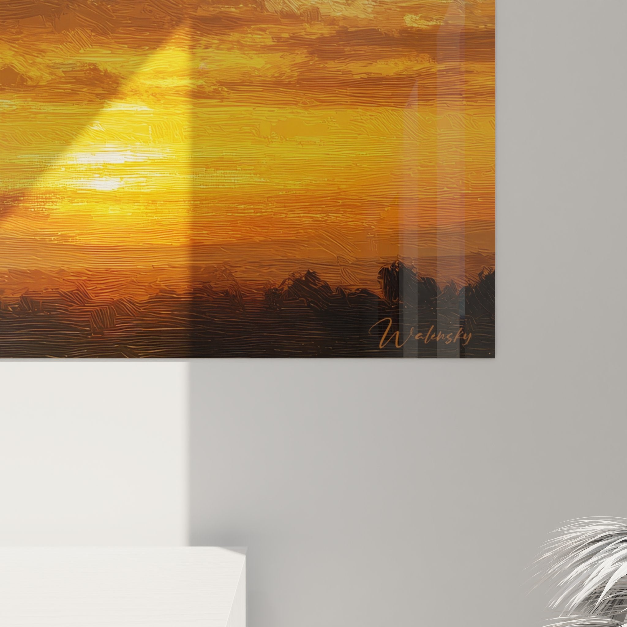 Vue ensemble tableau mural coucher de soleil dramatique, peinture paysage céleste tons chauds orangés