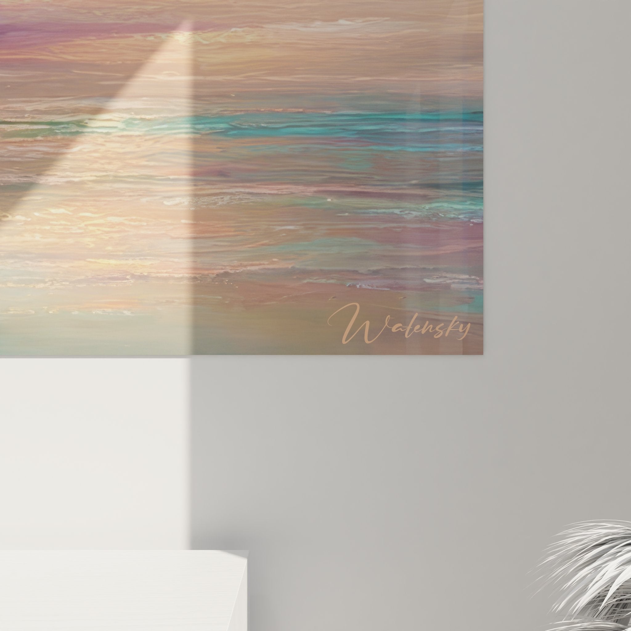 Vue ensemble tableau mural coucher soleil océan, art moderne aurore boréale pour décoration intérieure