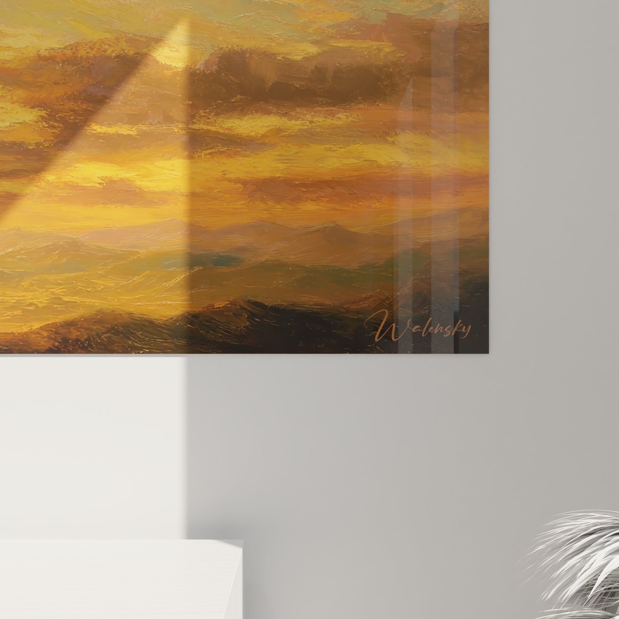 Vue d'ensemble tableau mural coucher de soleil format panoramique sur fond blanc pour décoration intérieure