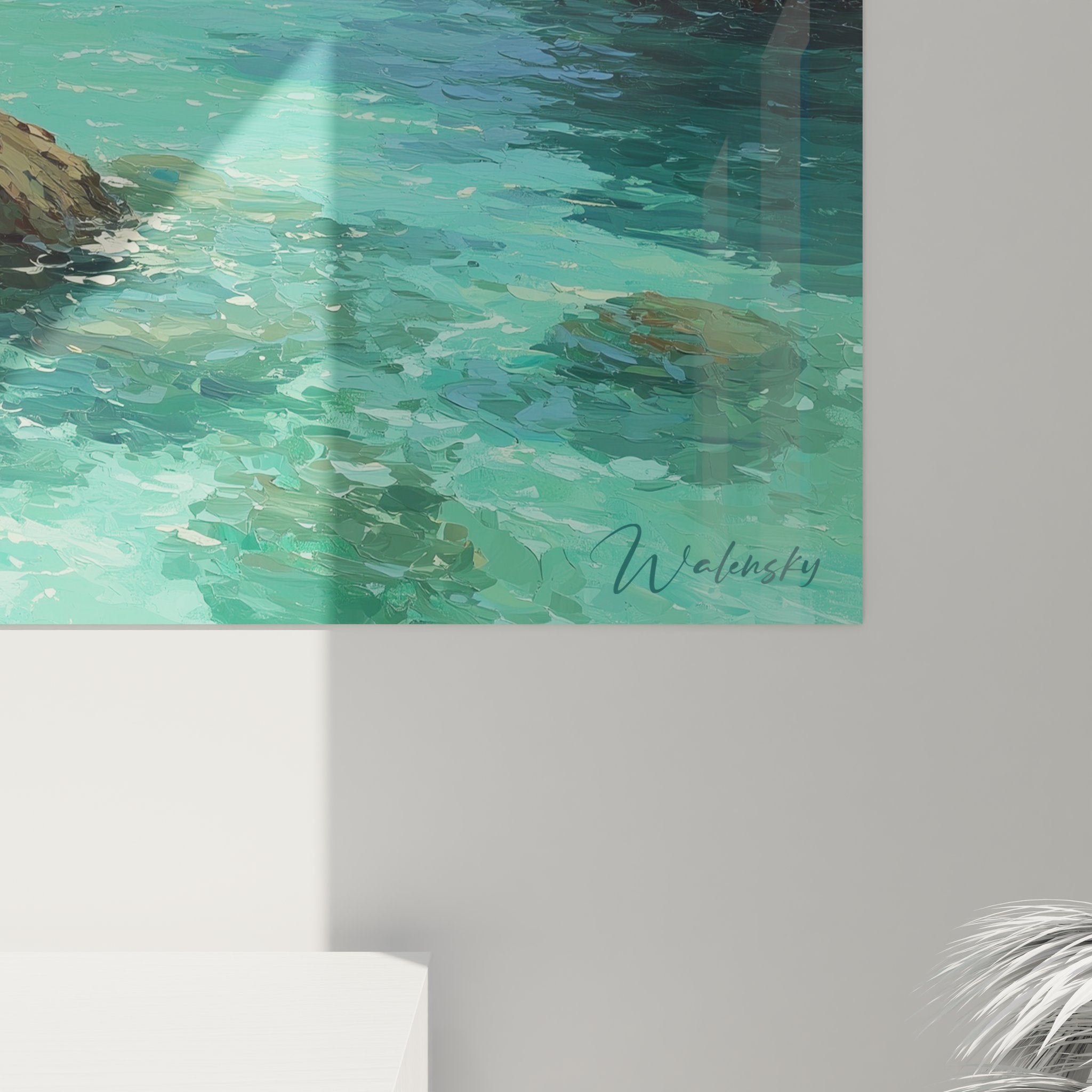 Vue ensemble tableau mural crique paradisiaque, décoration intérieure paysage tropical eaux turquoise falaises