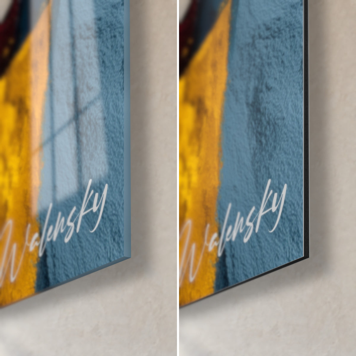 Wall art of mustard yellow and petrol blue squares, bottom right corner in glossy reflective glass and matte Dibond aluminium, 3 mm thick