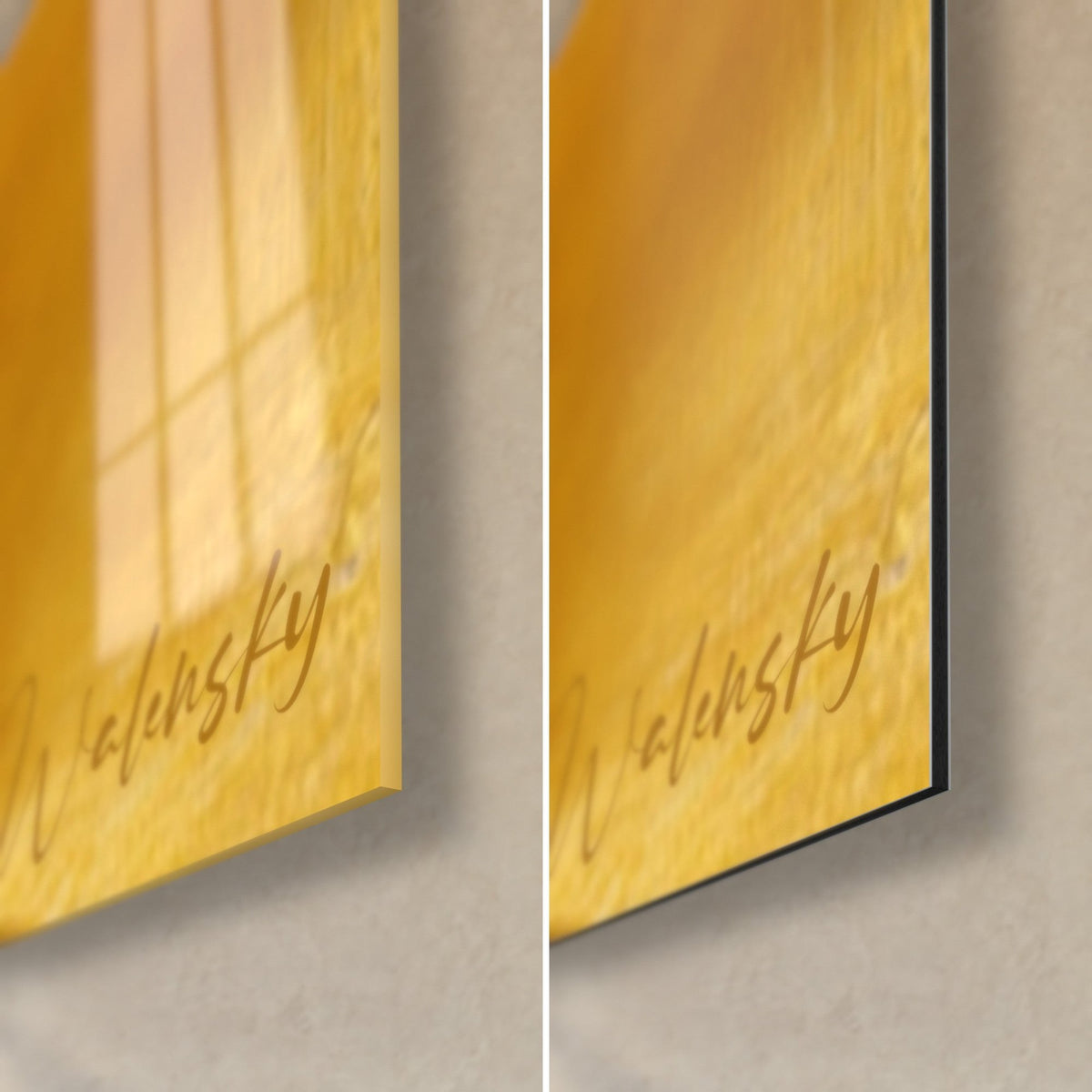 Gemälde goldene Wüste, unten rechts: glänzendes Acrylglas mit Reflexen, rechts matter Dibond-Alu, schwarze 3-mm-Kante, ockerfarbene Signatur