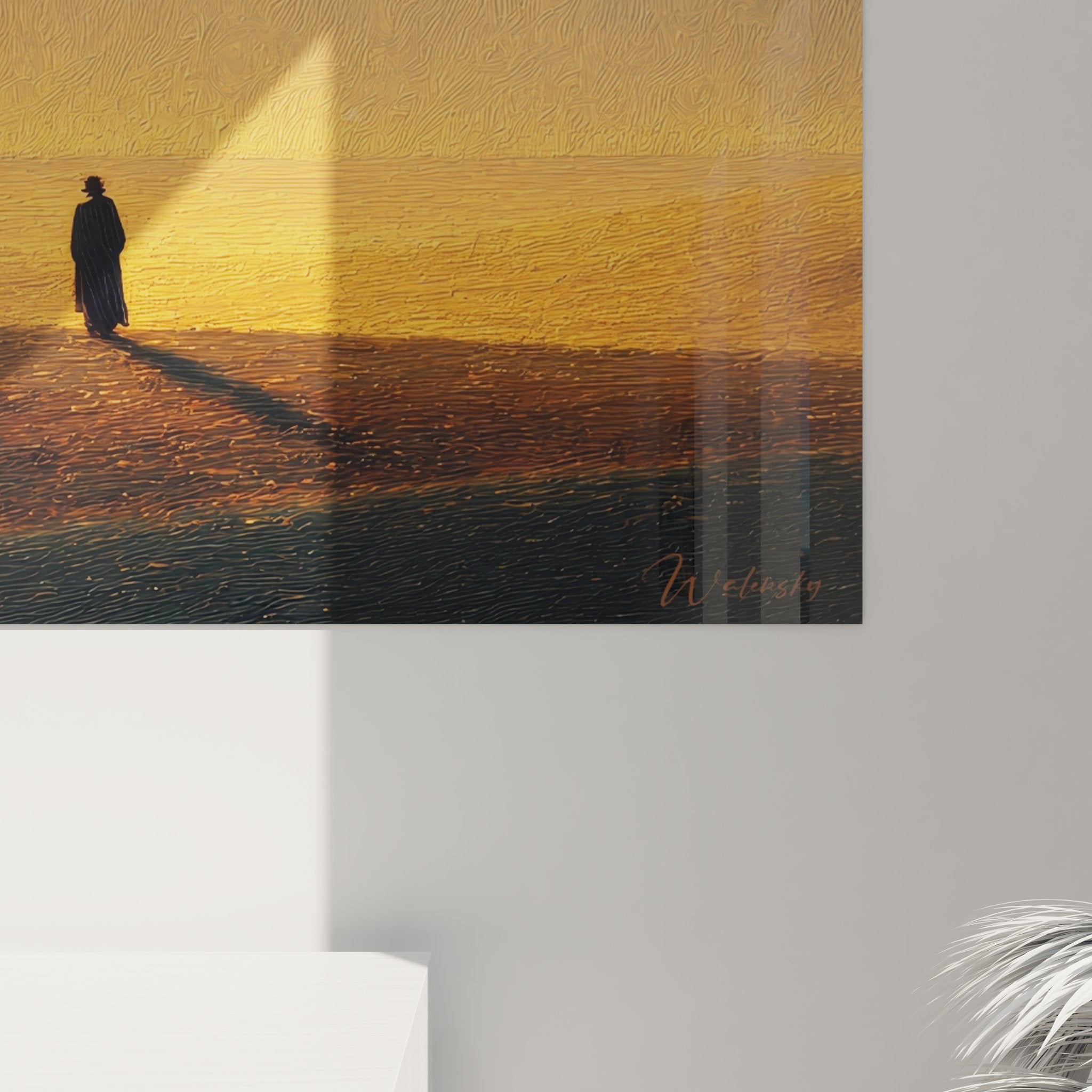 Vue ensemble tableau désert silhouette solitaire dans salon moderne avec décoration minimaliste