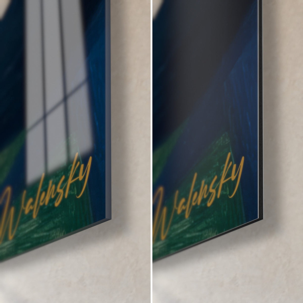 Wall art colourful cubism, bottom right corner: navy and deep green, glossy glass on the left, matte Dibond on the right