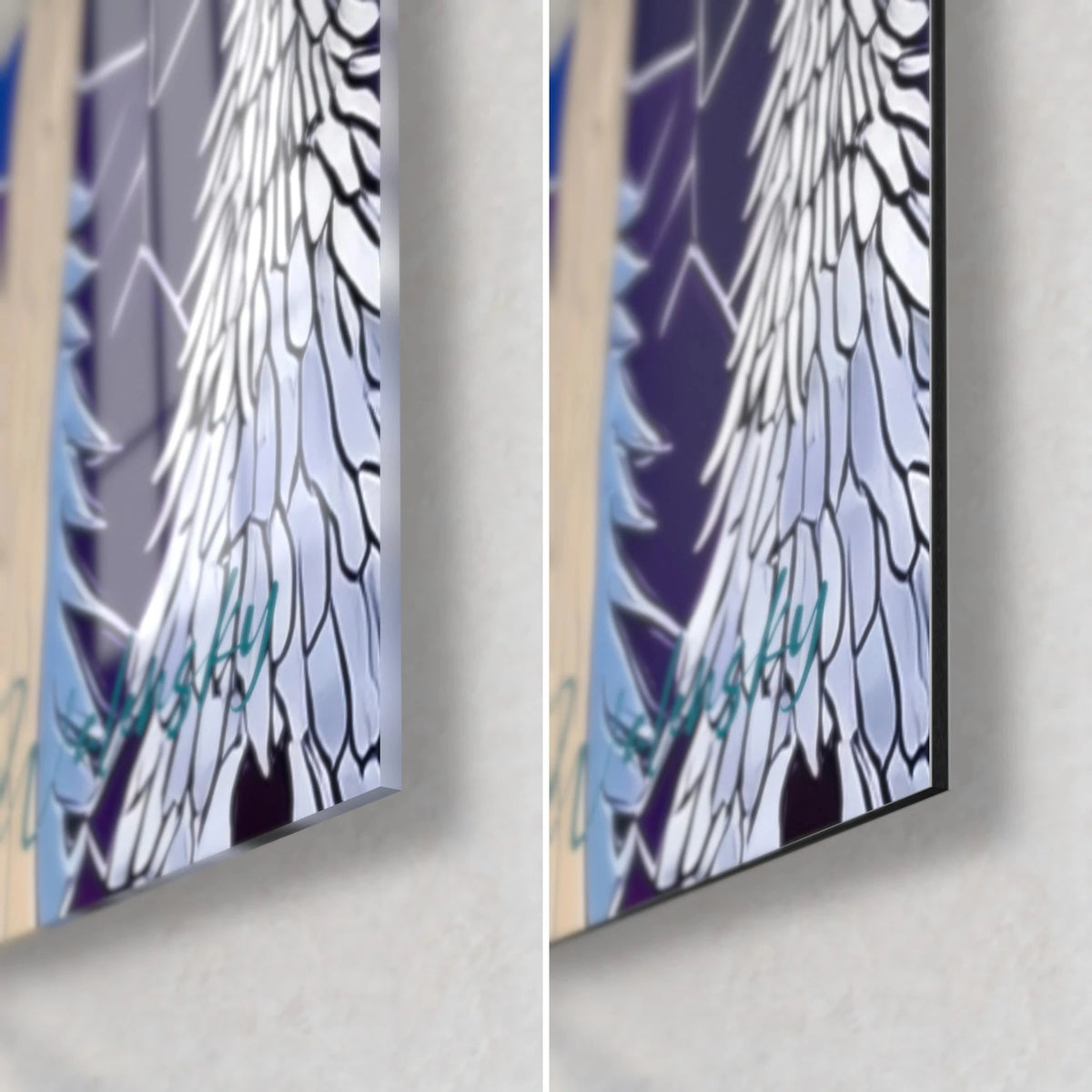 Tableau dinosaure en mosaïque, coin bas droit en verre acrylique brillant et alu Dibond mat noir, tranche de 3 mm, écailles lilas