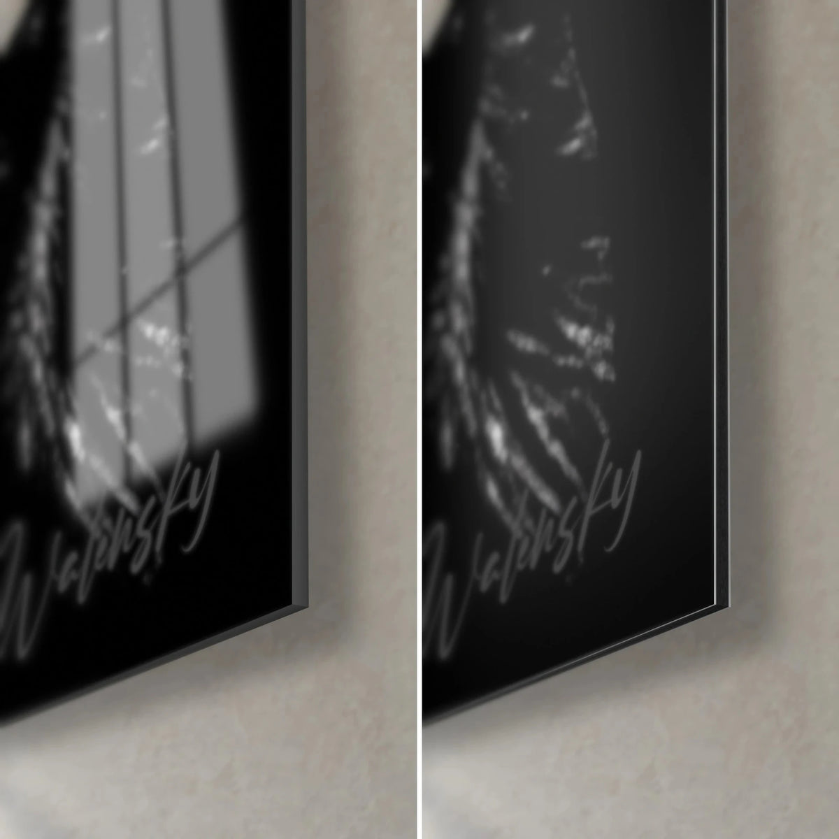 Wall art sea predator of the Devonian seas, bottom right corner: glossy glass with reflections, matte black Dibond, 3 mm edge
