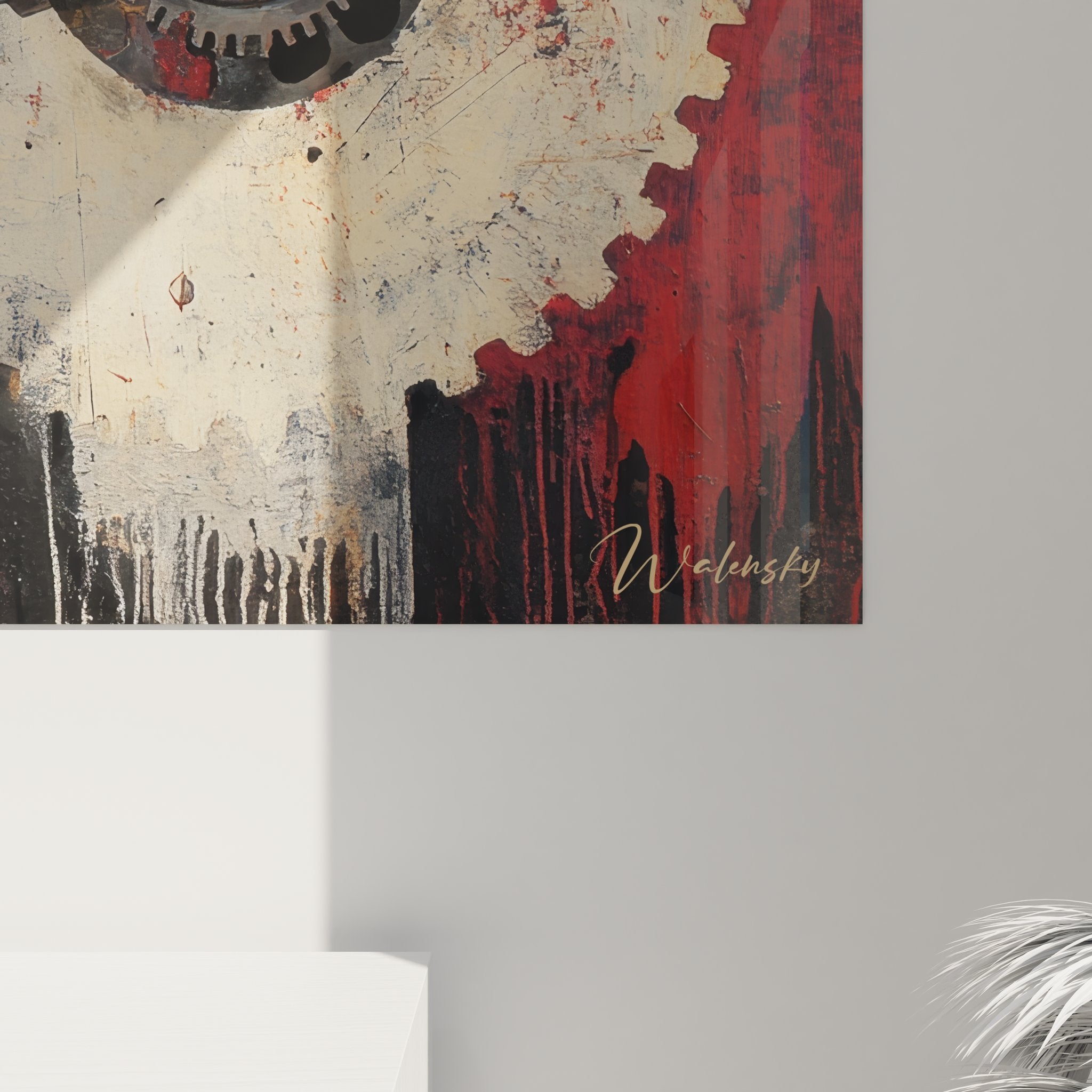 Vue d'ensemble tableau mural engrenage industriel style abstrait moderne rouge