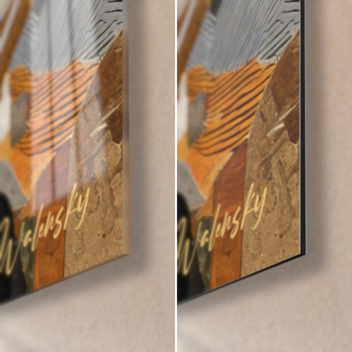 Wall art collage explosion, bottom right corner: 3 mm black edge, glossy glass on the left, matte orange Dibond on the right