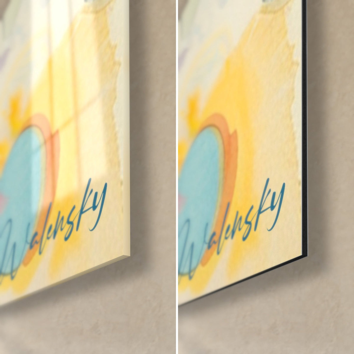 Tableau symphonie colorée en aquarelle, coin bas droit avec cercle turquoise et jaune safran, verre brillant à gauche, Dibond mat à droite