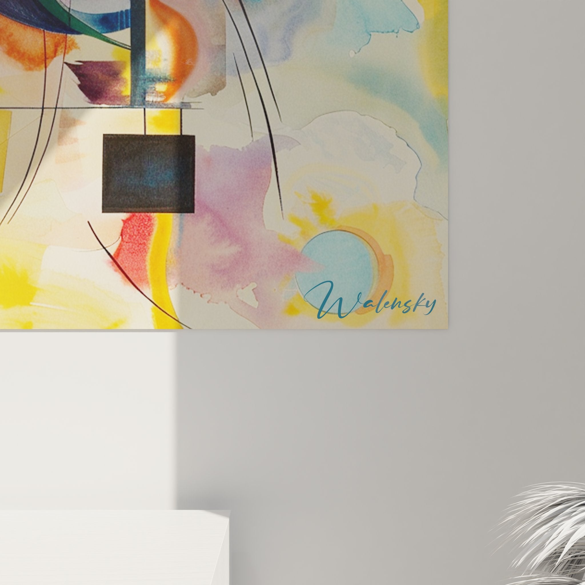 Vue d'ensemble tableau mural expressionniste abstrait avec formes géométriques et couleurs vibrantes