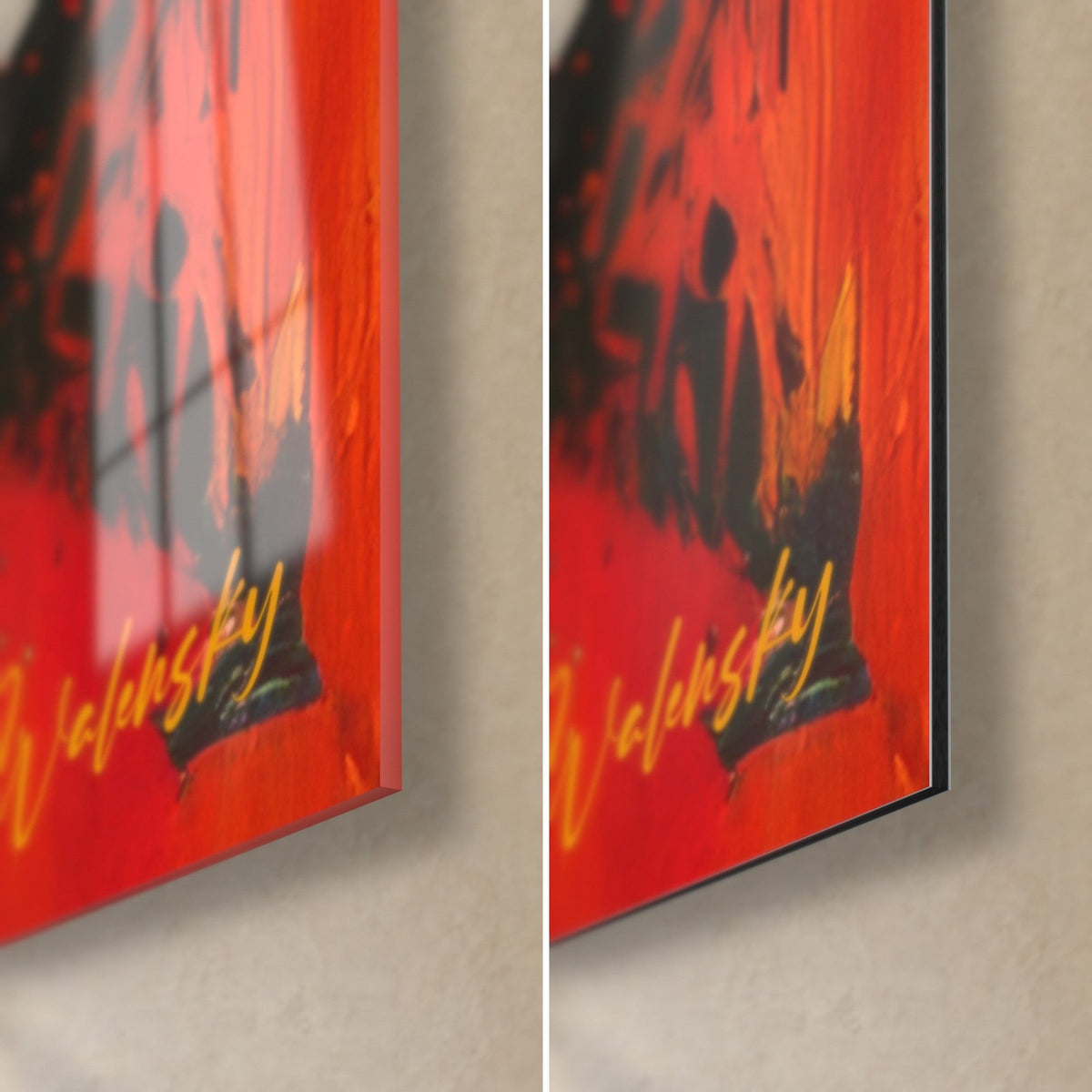 Wall art with black brushstrokes on vivid red, lower right corner, golden Walensky signature, 3 mm edge