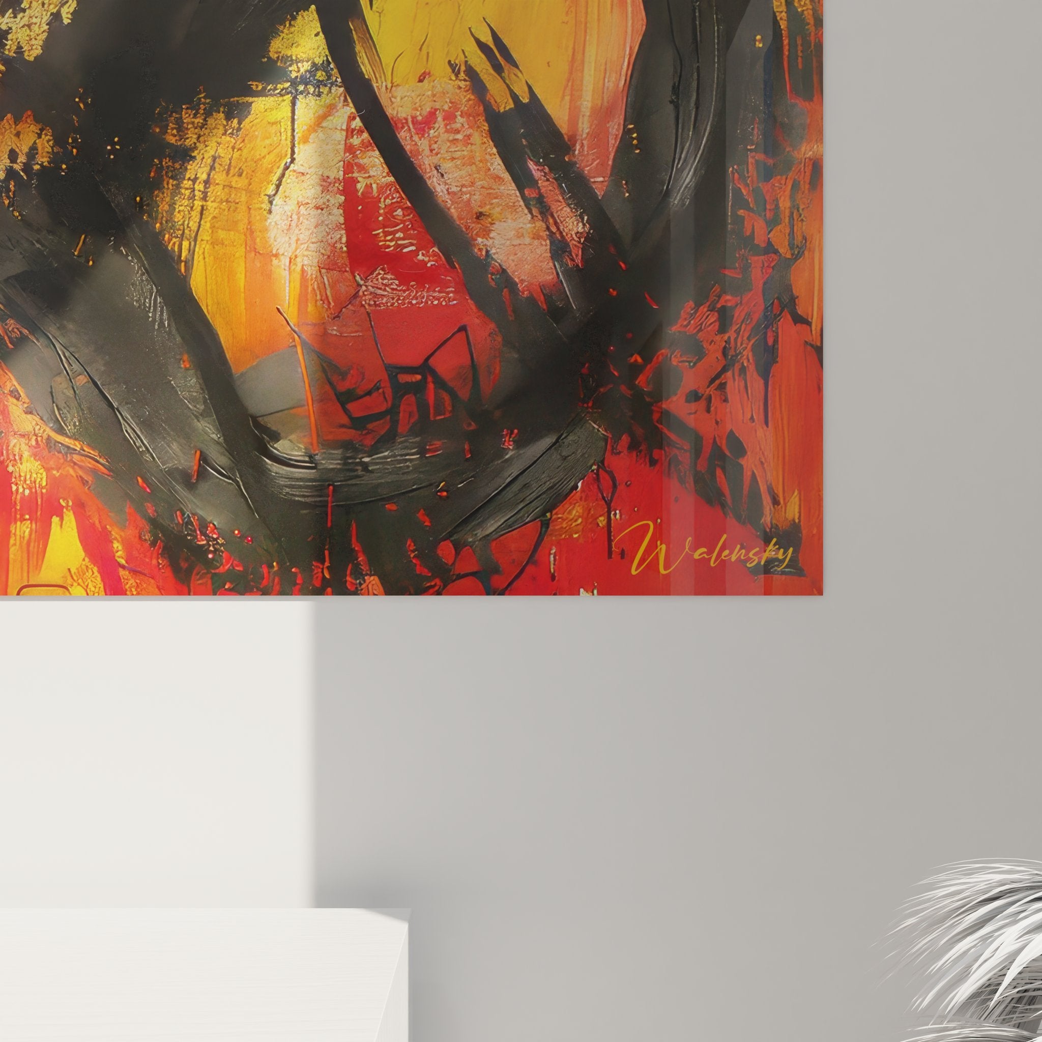 Vue ensemble tableau mural expressionniste abstrait, composition panoramique couleurs énergiques