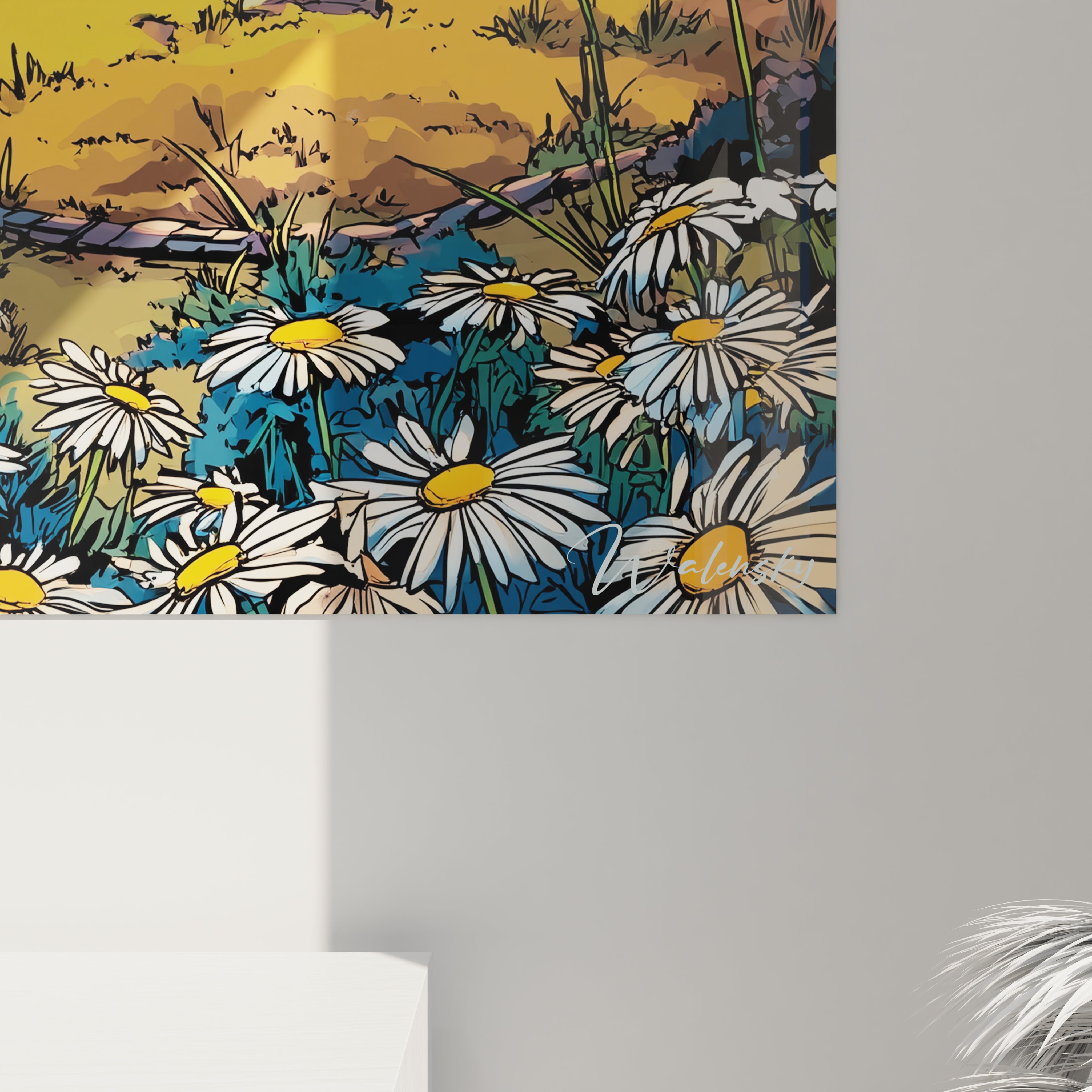 Vue ensemble tableau mural ferme rurale bande dessiné, paysage champêtre coucher de soleil décoratif