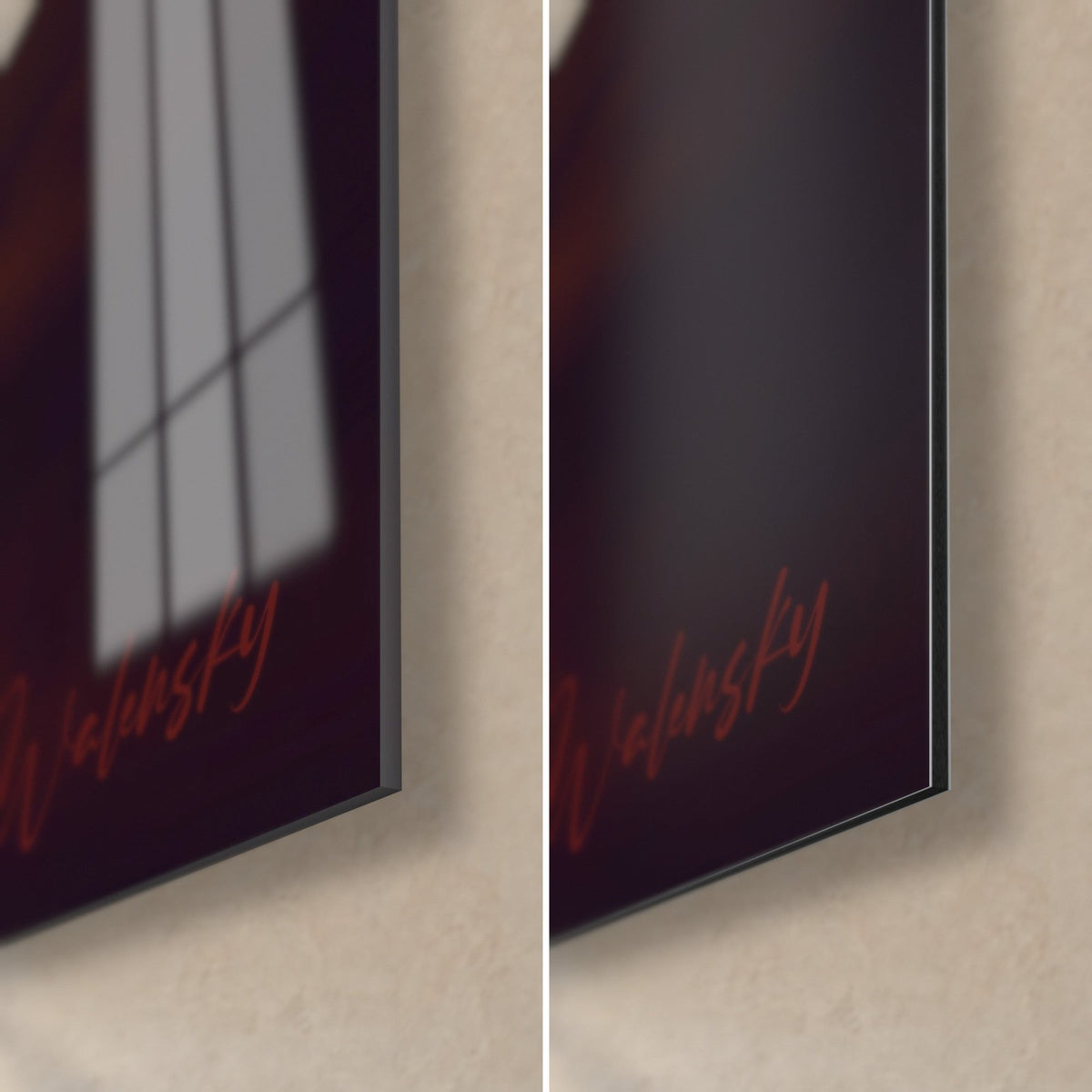 Wall art of a traveler in a purple cloak, lower right corner: glossy acrylic glass on the left, matte beige Dibond on the right, 3 mm edge