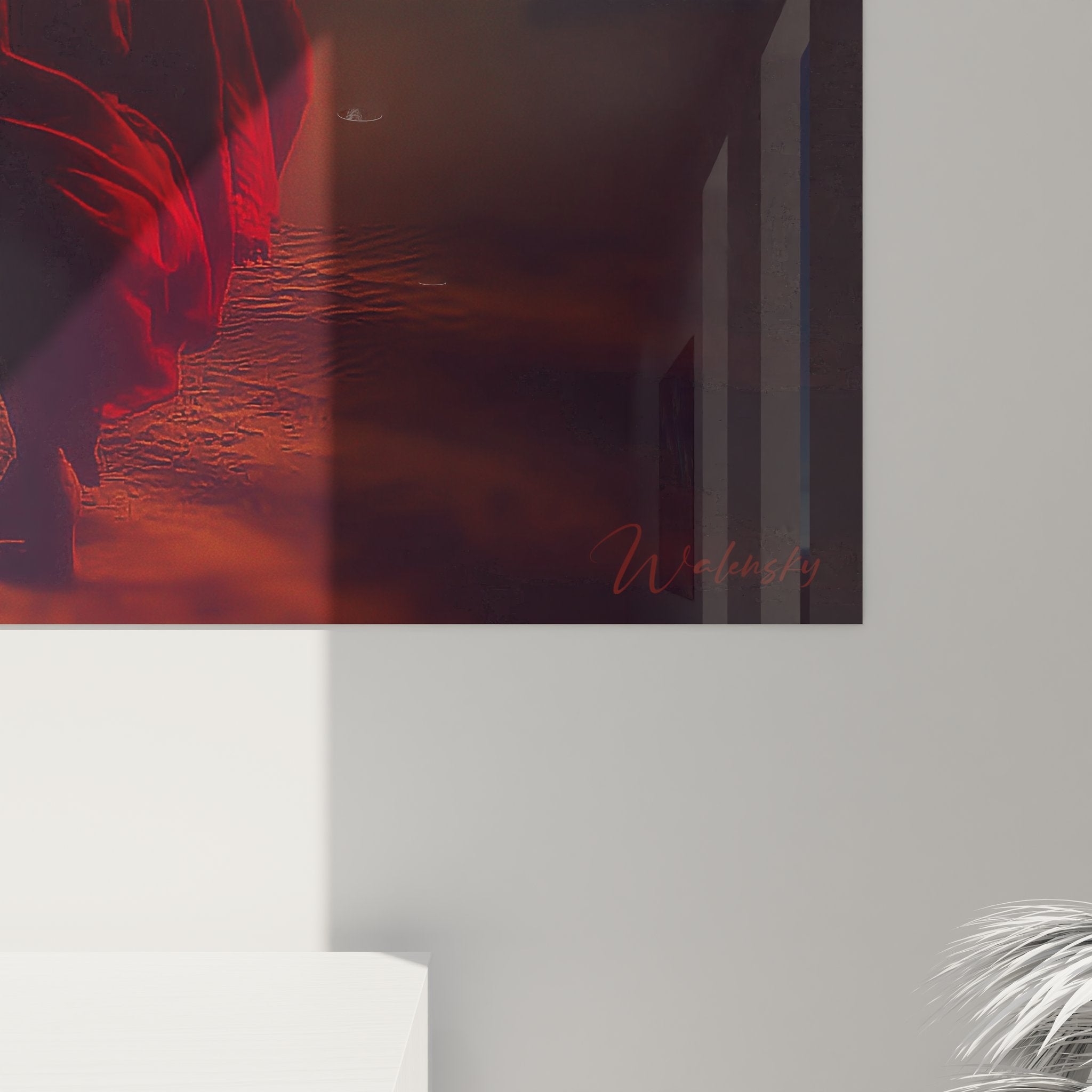 Vue ensemble tableau mural figure rouge mystérieuse décoration murale art contemporain désert