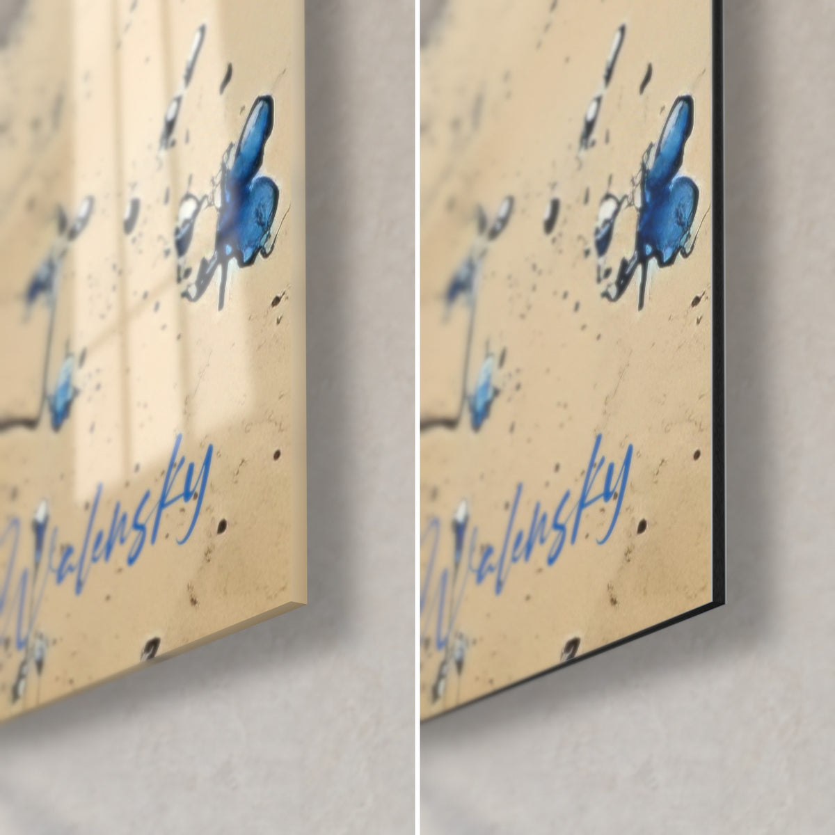 Tableau corolle azur éclaboussée de gouttes, coin bas droit : verre acrylique brillant et Dibond mat noir, tranche de 3 mm