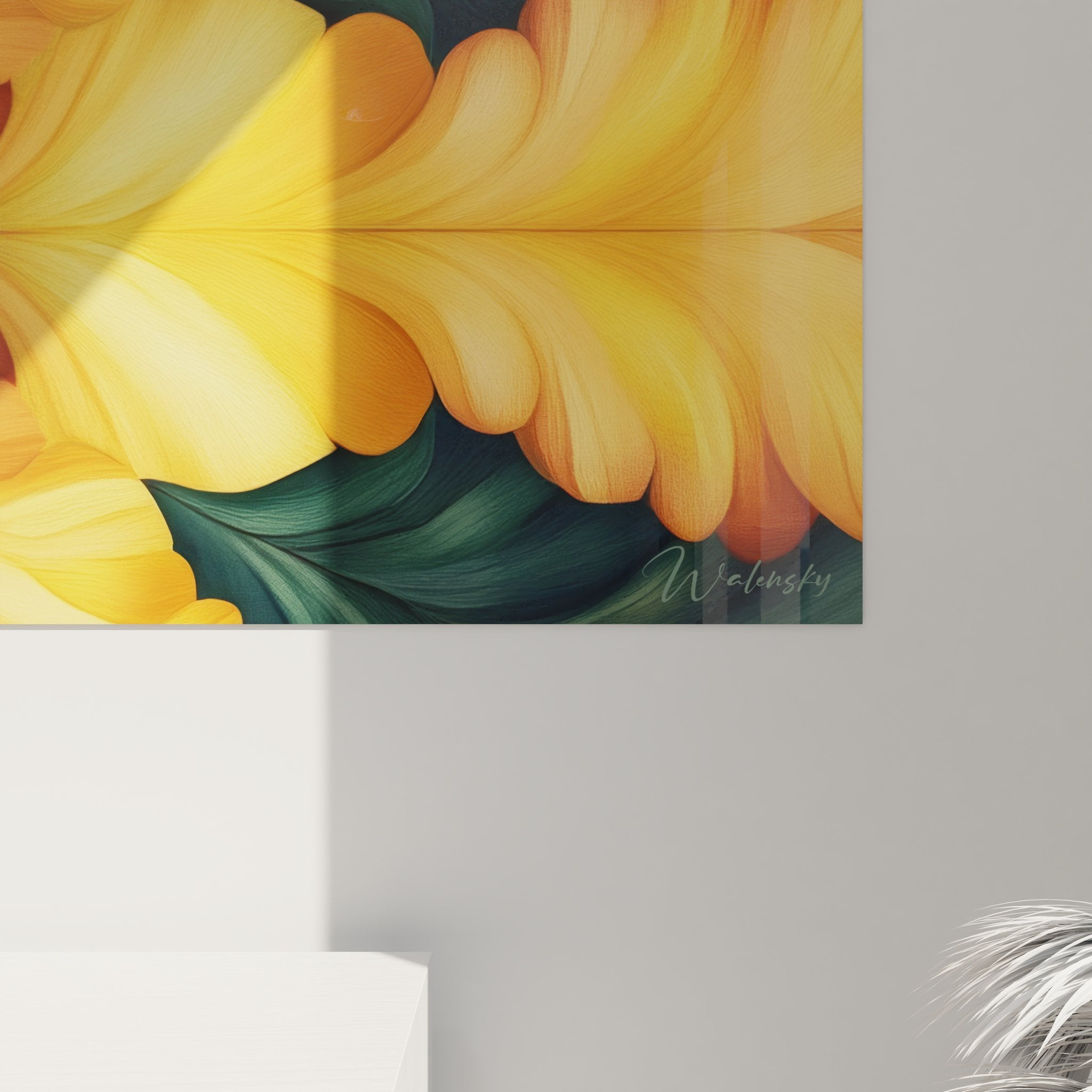 Vue ensemble tableau mural fleur fractale orange salon décoration moderne art contemporain