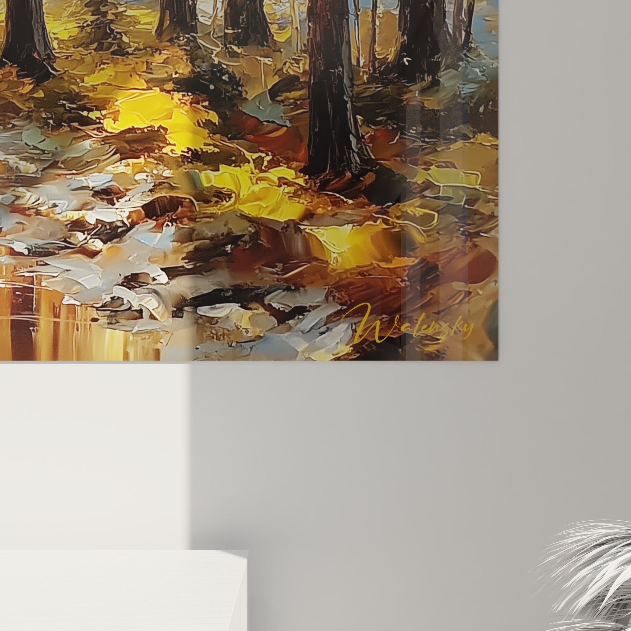 Vue ensemble tableau mural forêt automnale rivière art nature décoratif style peinture paysage