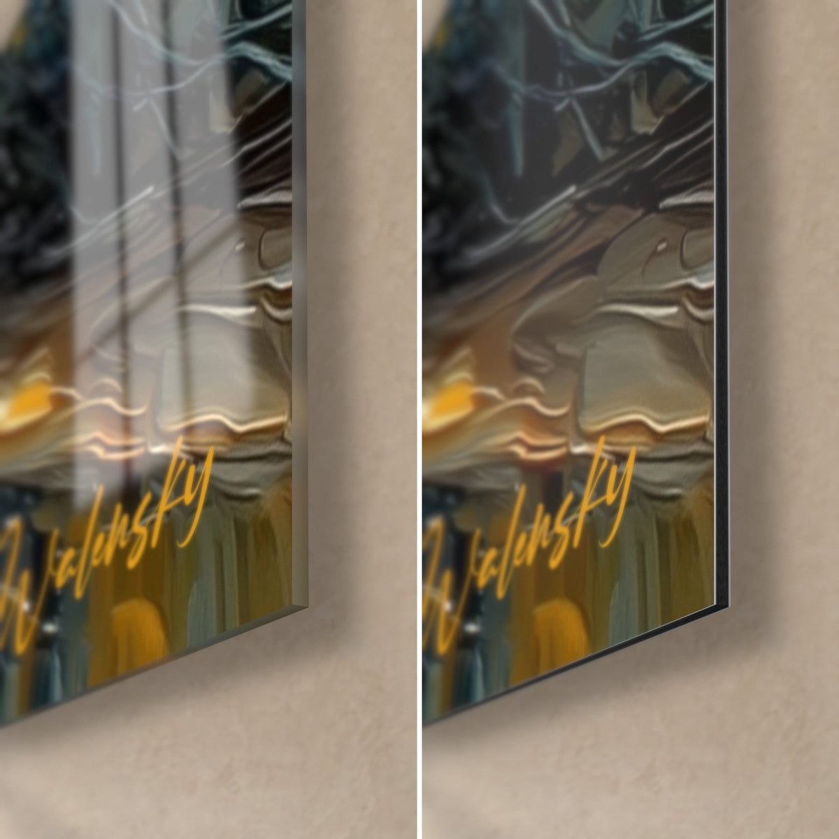 Tableau promenade forestière à l'huile, coin bas droit : verre acrylique brillant à gauche, Dibond mat à droite, tranche de 3 mm, jaune et bleu