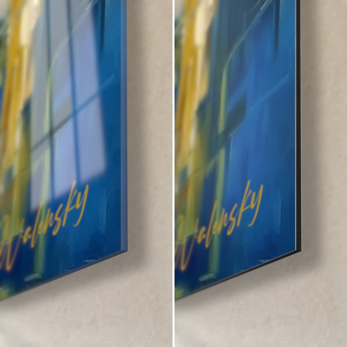 Cuadro reflejos de estanque en azul y oro pintados con espátula, esquina inferior derecha en cristal brillante y aluminio Dibond mate, grosor de 3 mm