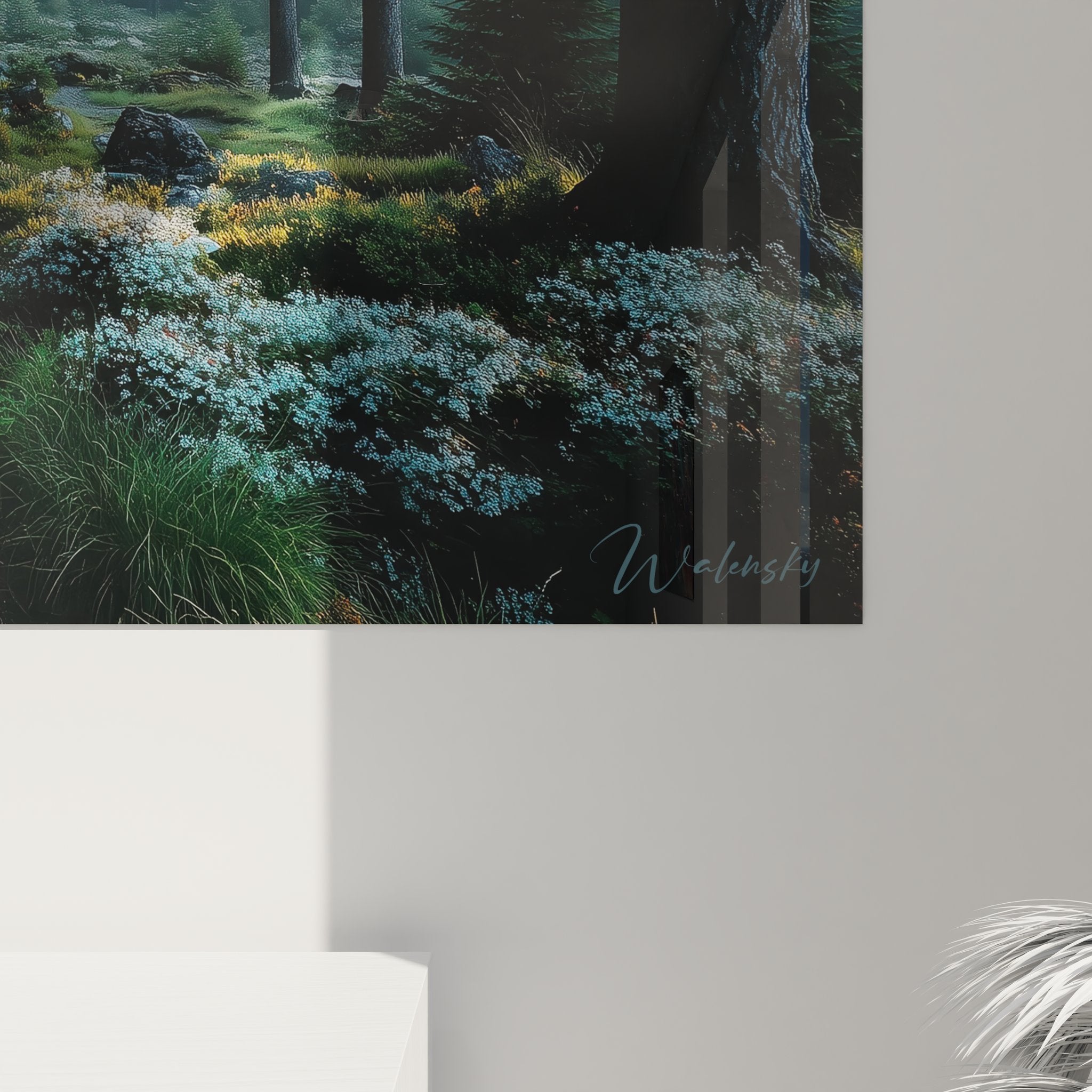 Vue ensemble tableau mural forêt conifères mystérieuse décoration salon nature paysage