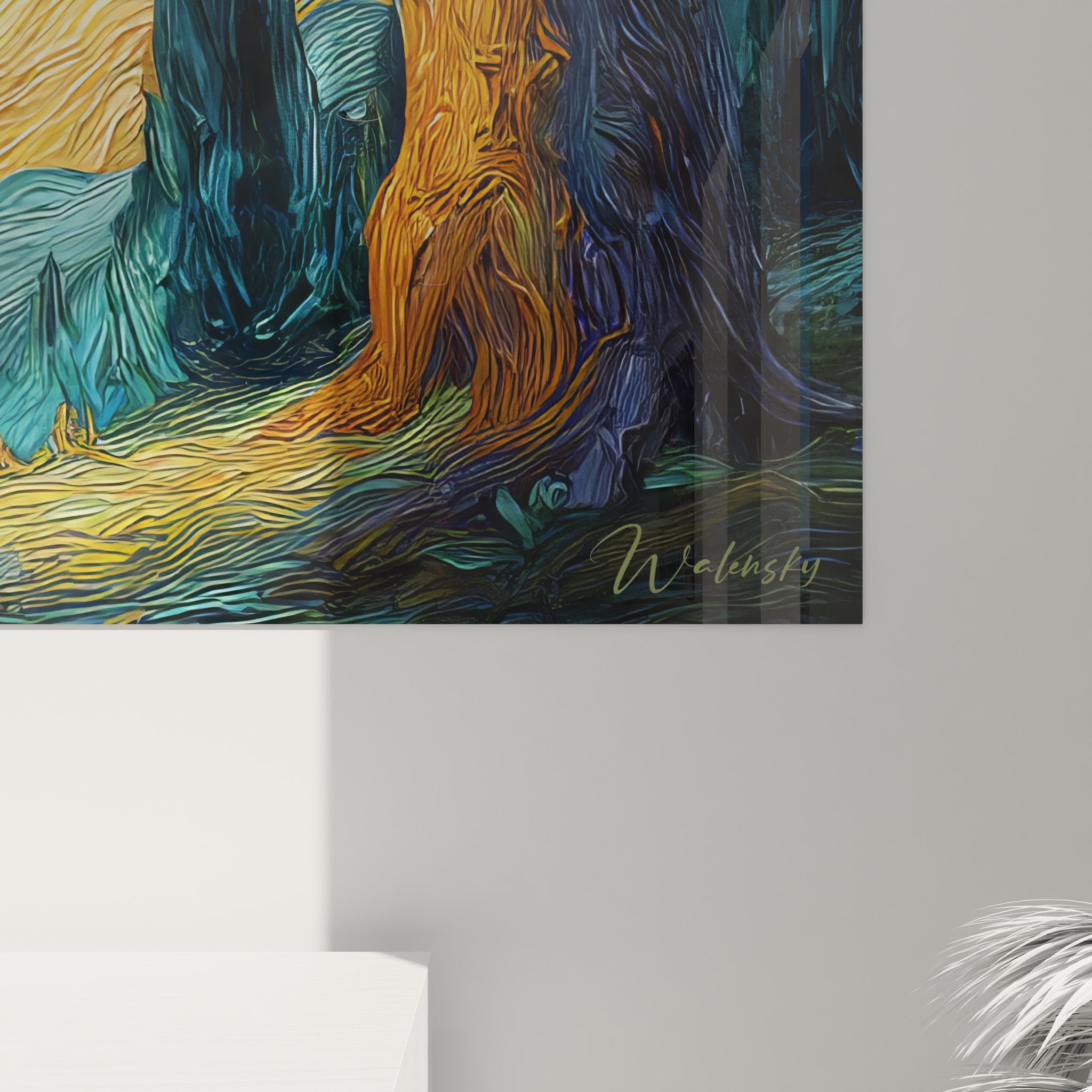 Vue ensemble tableau mural forêt impressionniste dans intérieur moderne, ambiance artistique élégante