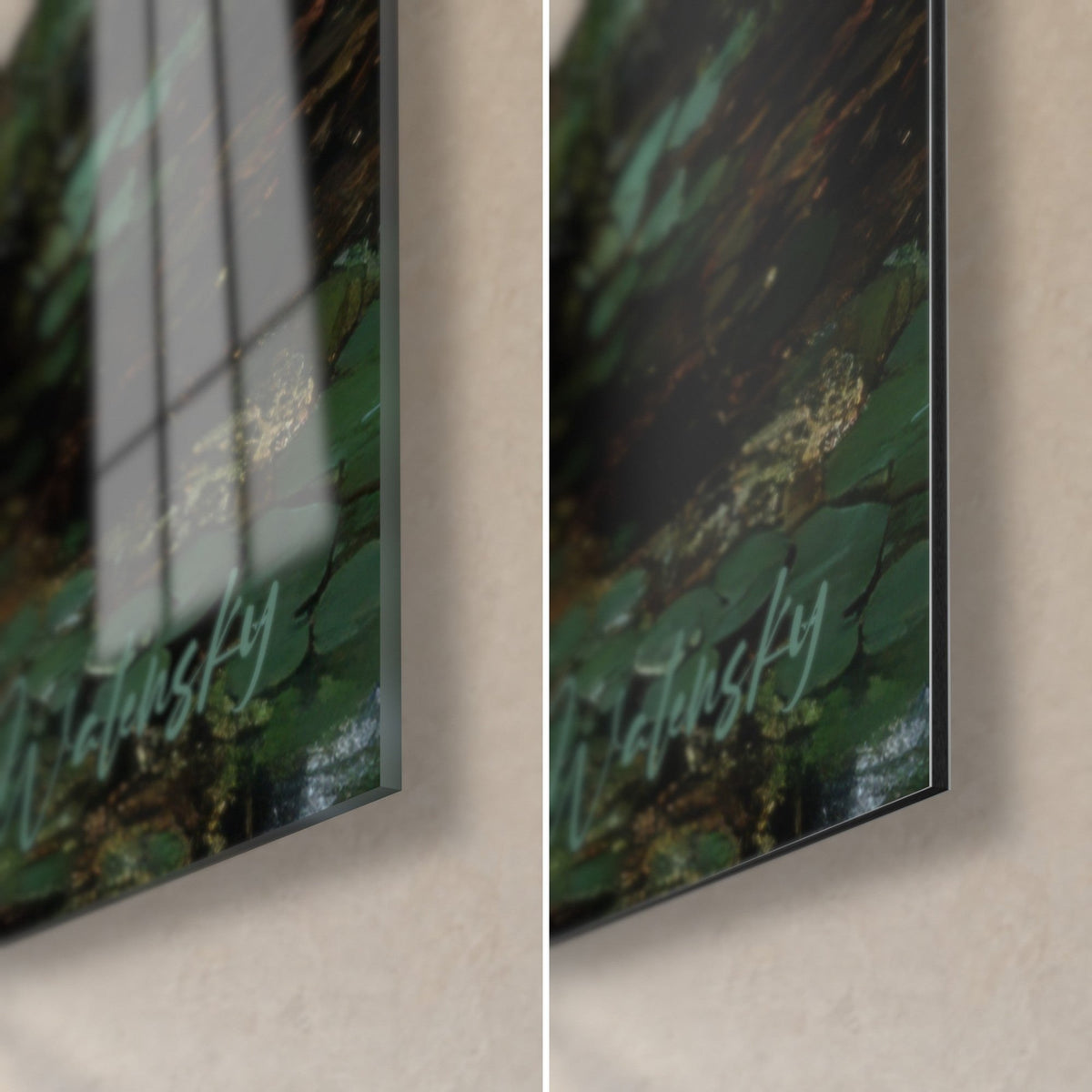 Gemälde sumpfiger Waldgrund, untere rechte Ecke: glänzendes Acrylglas mit Reflexen, mattes dunkelgrünes Alu-Dibond, 3 mm Kante
