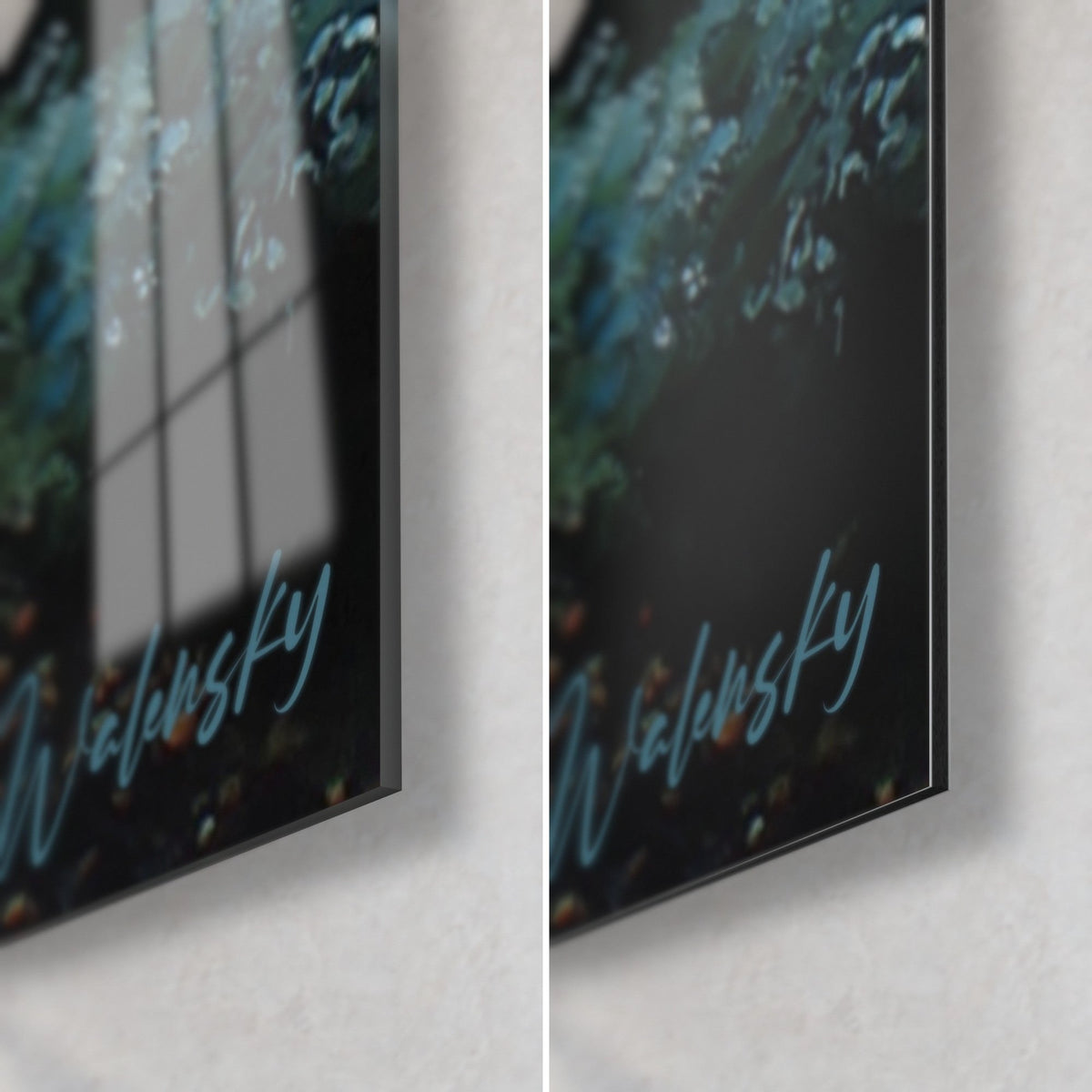 Wall art misty forest, dark green fir trees and bluish haze, bottom right corner: glossy acrylic glass and matte Dibond aluminium, 3 mm thickness