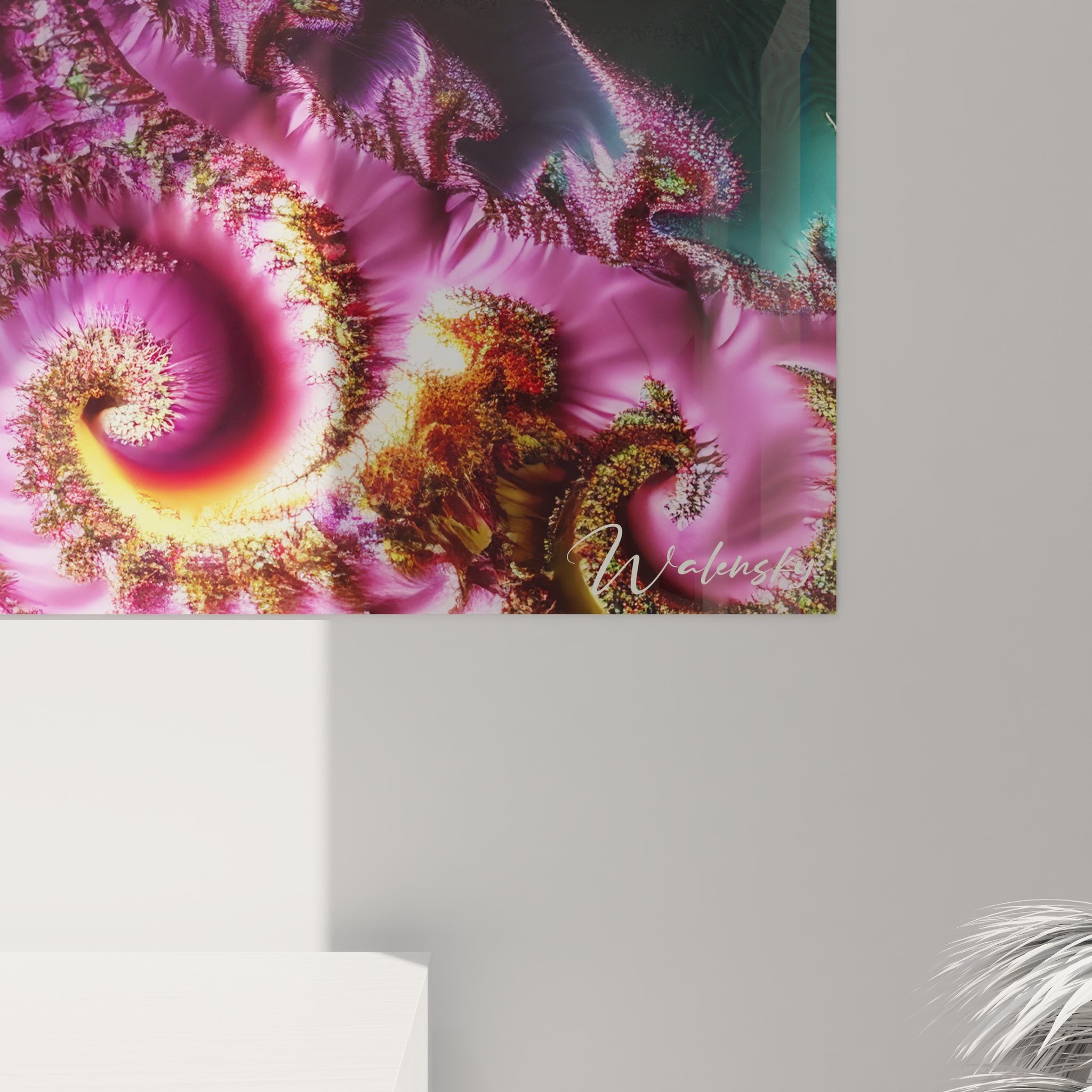 Vue ensemble tableau mural fractale spirale géométrique décoration intérieure